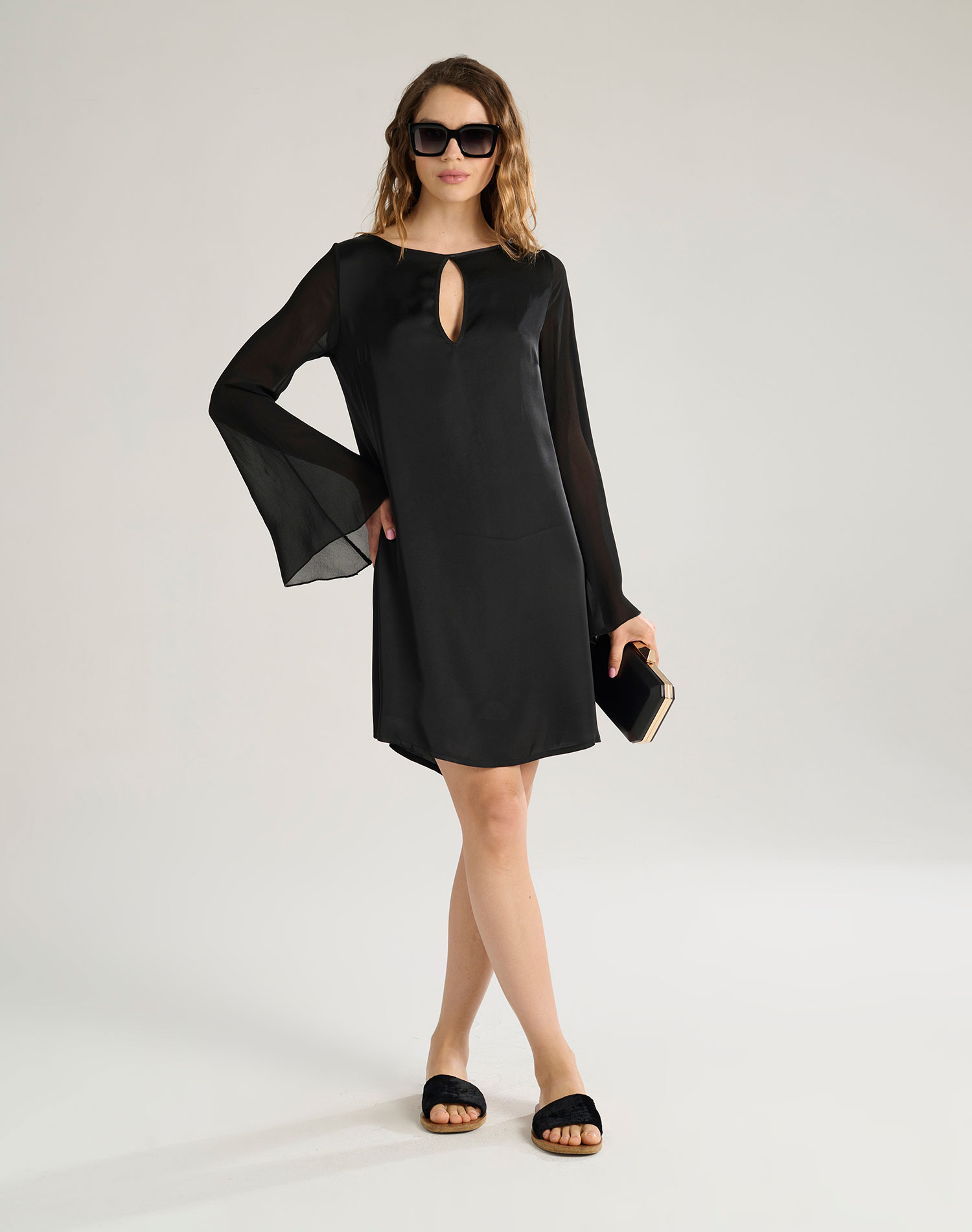 FLARED SLEEVE DRESS - BLACK - Manila Grace | Official Website