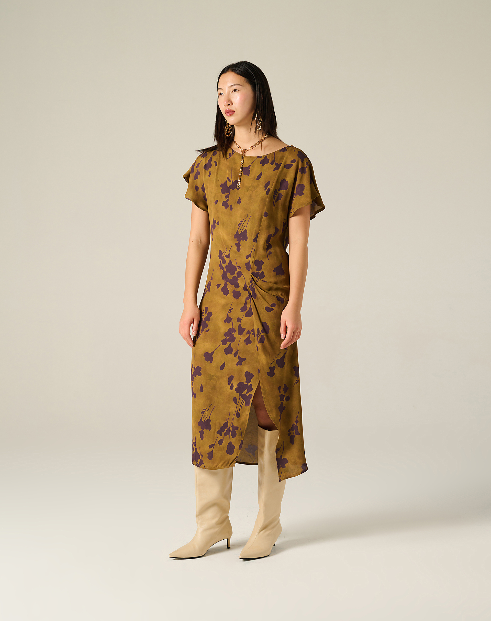 Crepe Midi Dress With Floral Print - MD643 - Manila Grace | Official Website