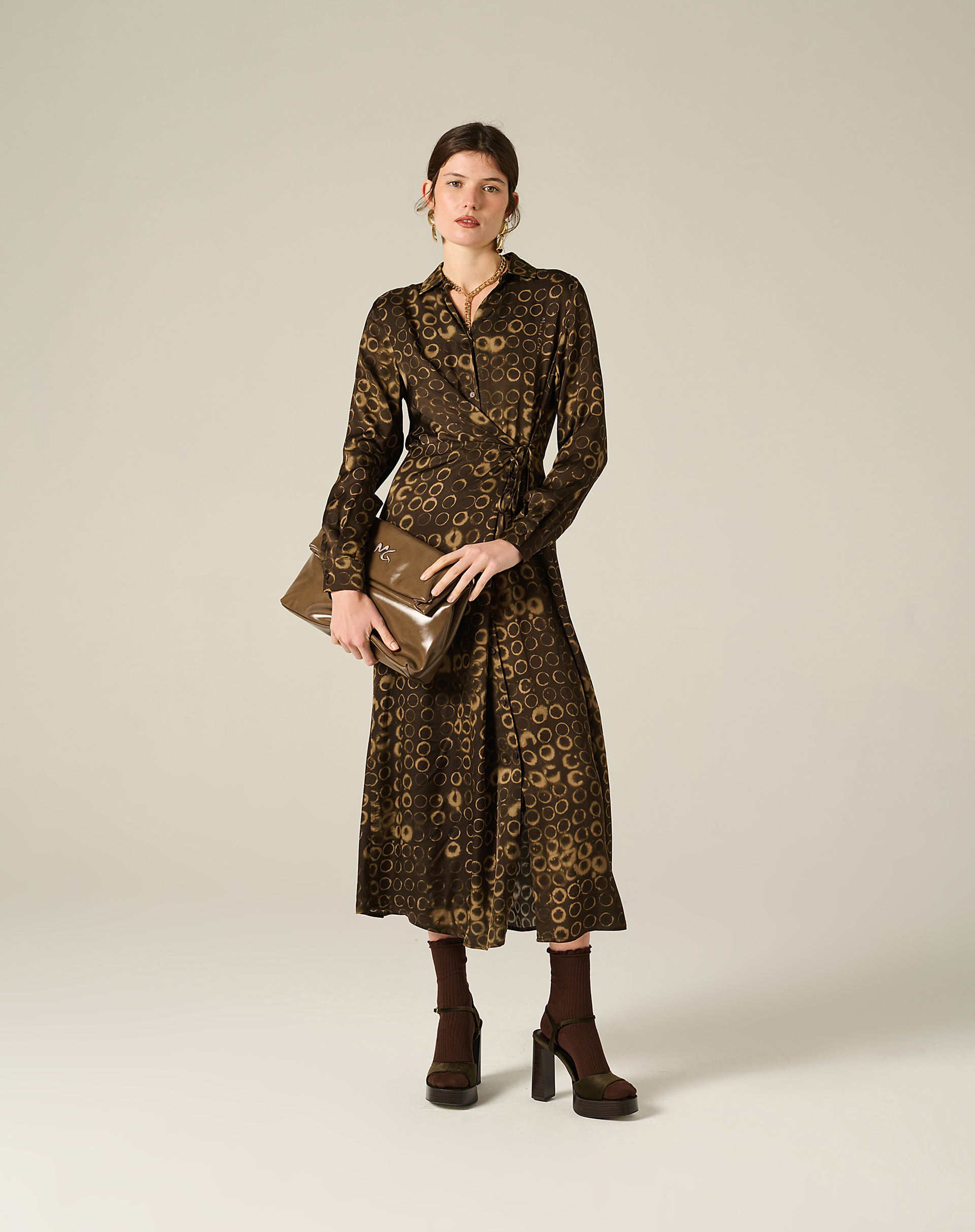 Long Shirt Dress With Print And Matching Belt - MILITARY GREEN - Manila Grace | Official Website