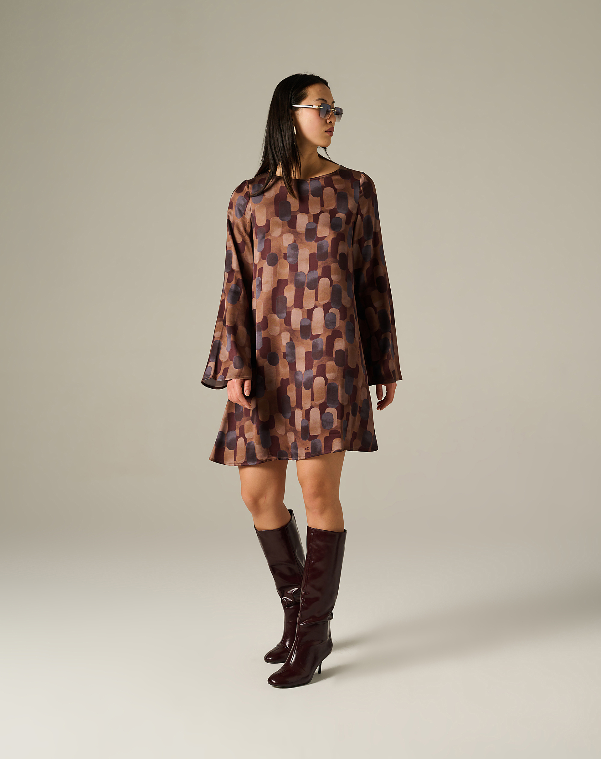 Short Dress In Fluid Fabric With Geometric Print - MA645 - Manila Grace | Official Website