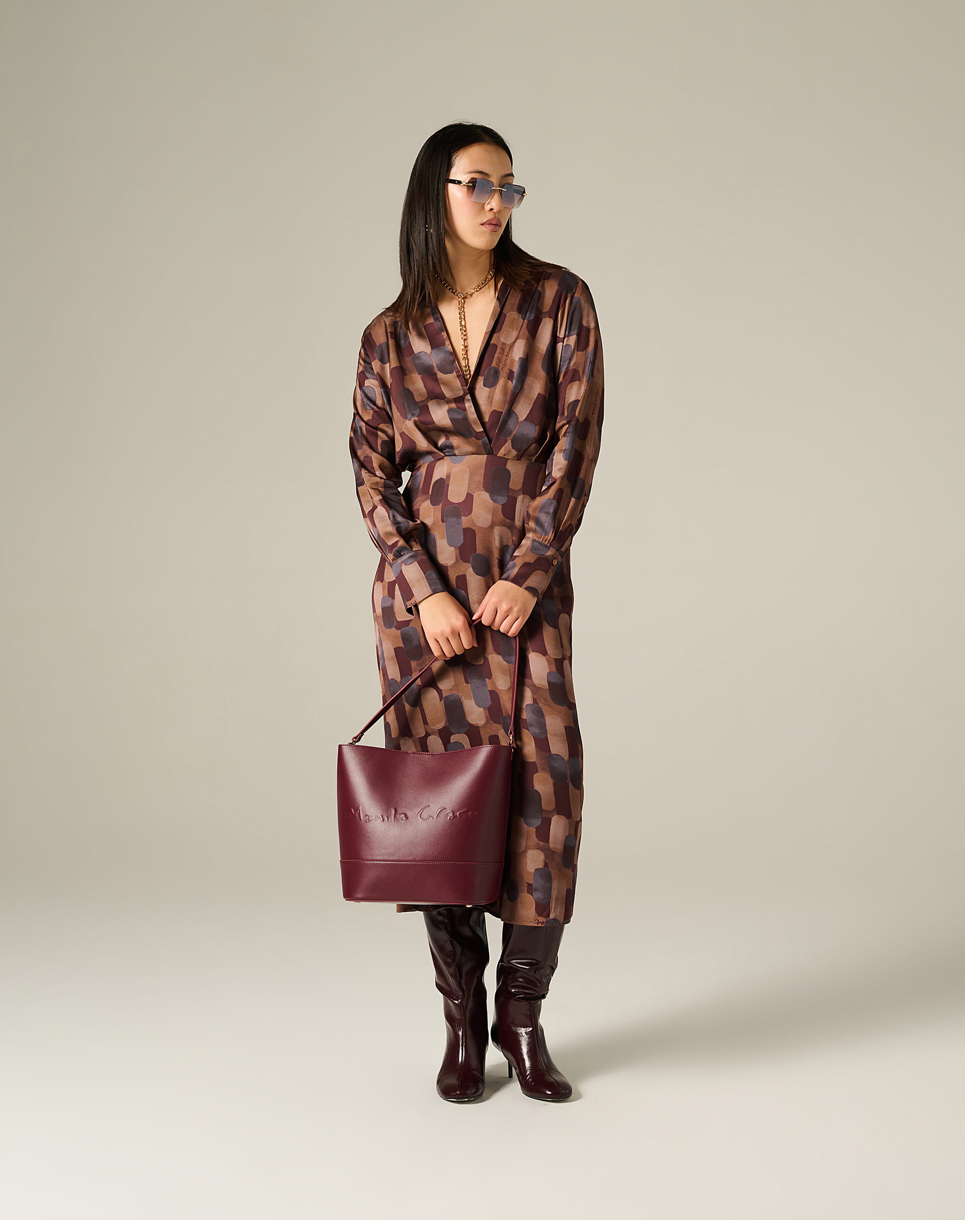 Long Printed Dress With Crossed Neckline - MA645 - Manila Grace | Official Website