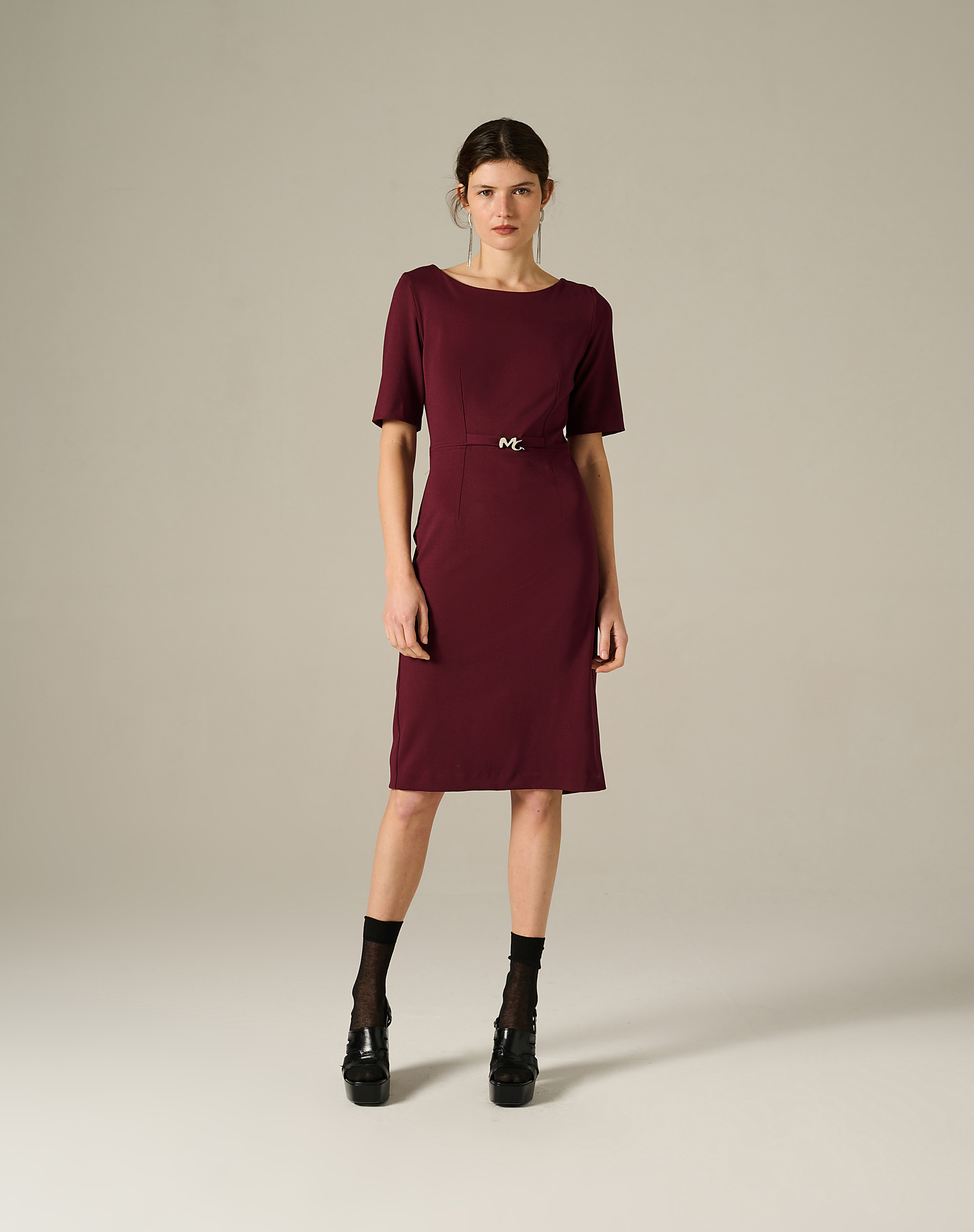 Midi Dress With Short Sleeves And Logo Belt - MA641 - Manila Grace | Official Website