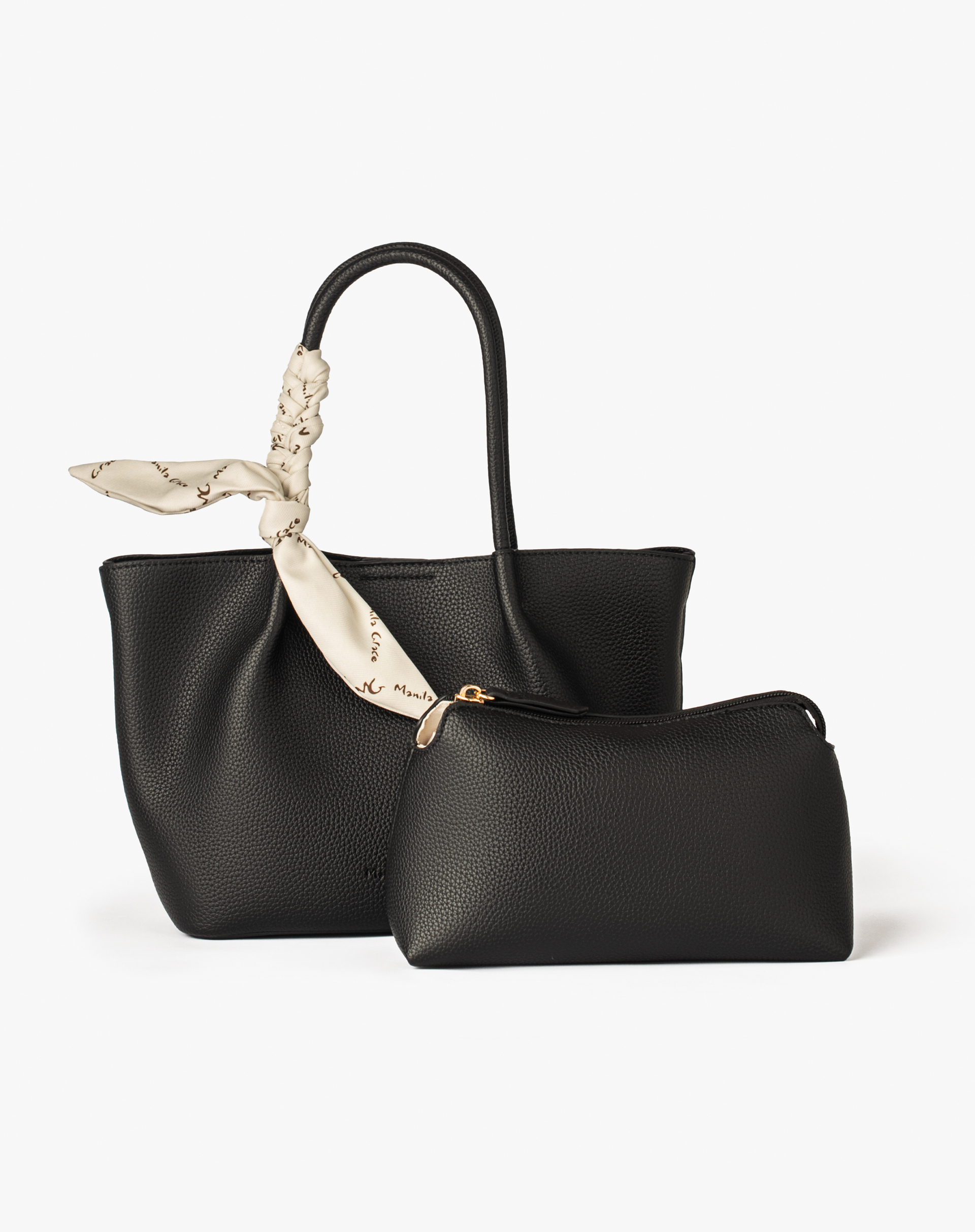 Faux Leather Mini Shopper With Decorative Scarf - BLACK - Manila Grace | Official Website