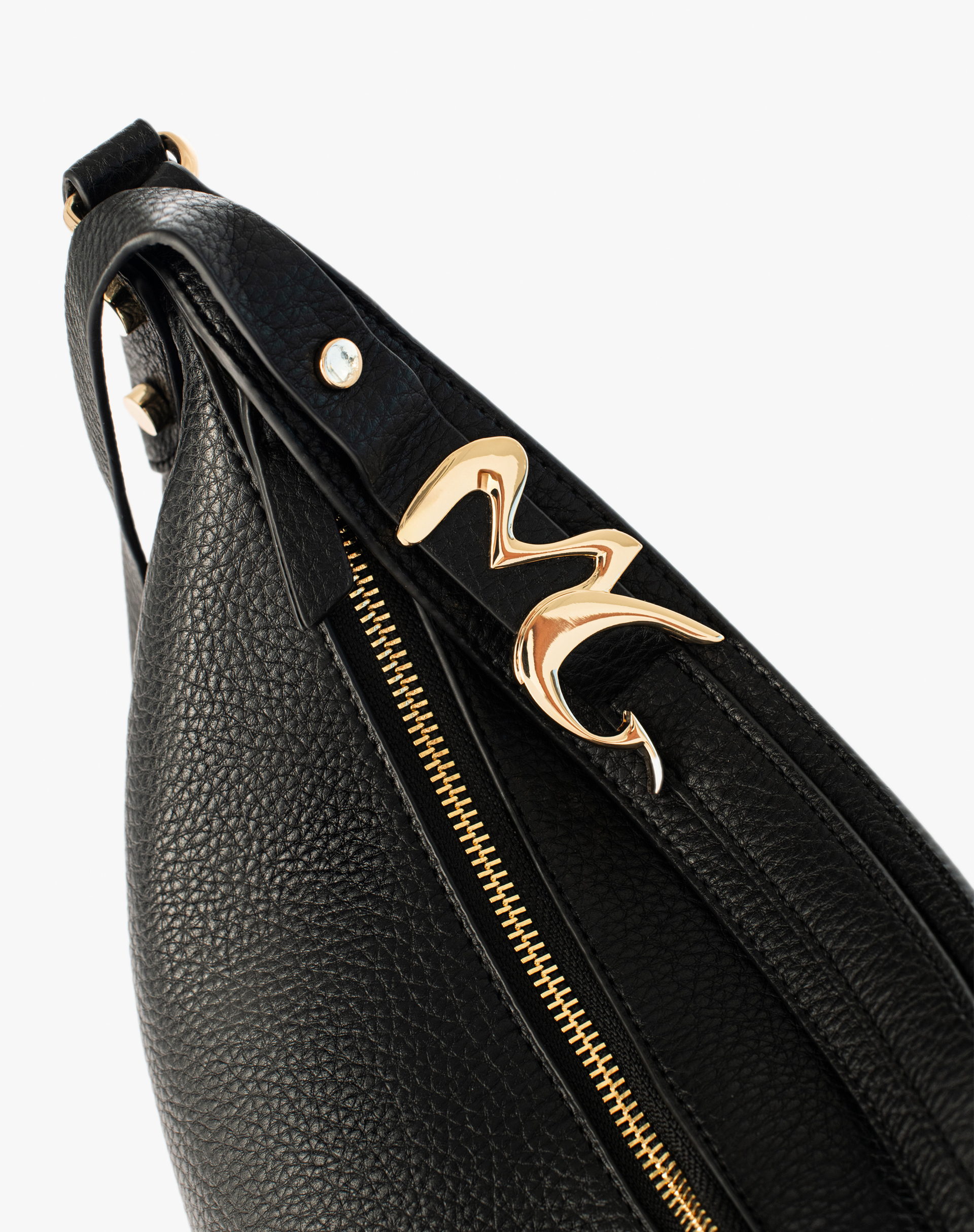 Faux Leather Hobo Bag With Metallic Logo - BLACK - Manila Grace | Official Website