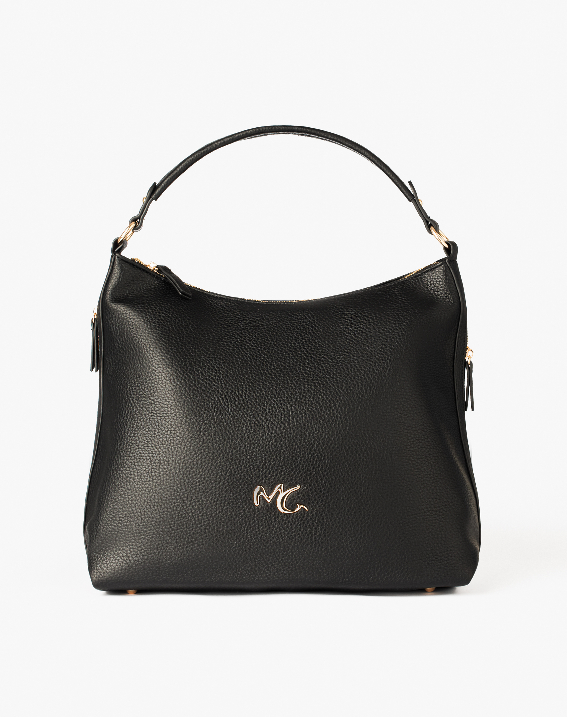 Faux Leather Shoulder Bag With Logo And Side Zips - BLACK - Manila Grace | Official Website
