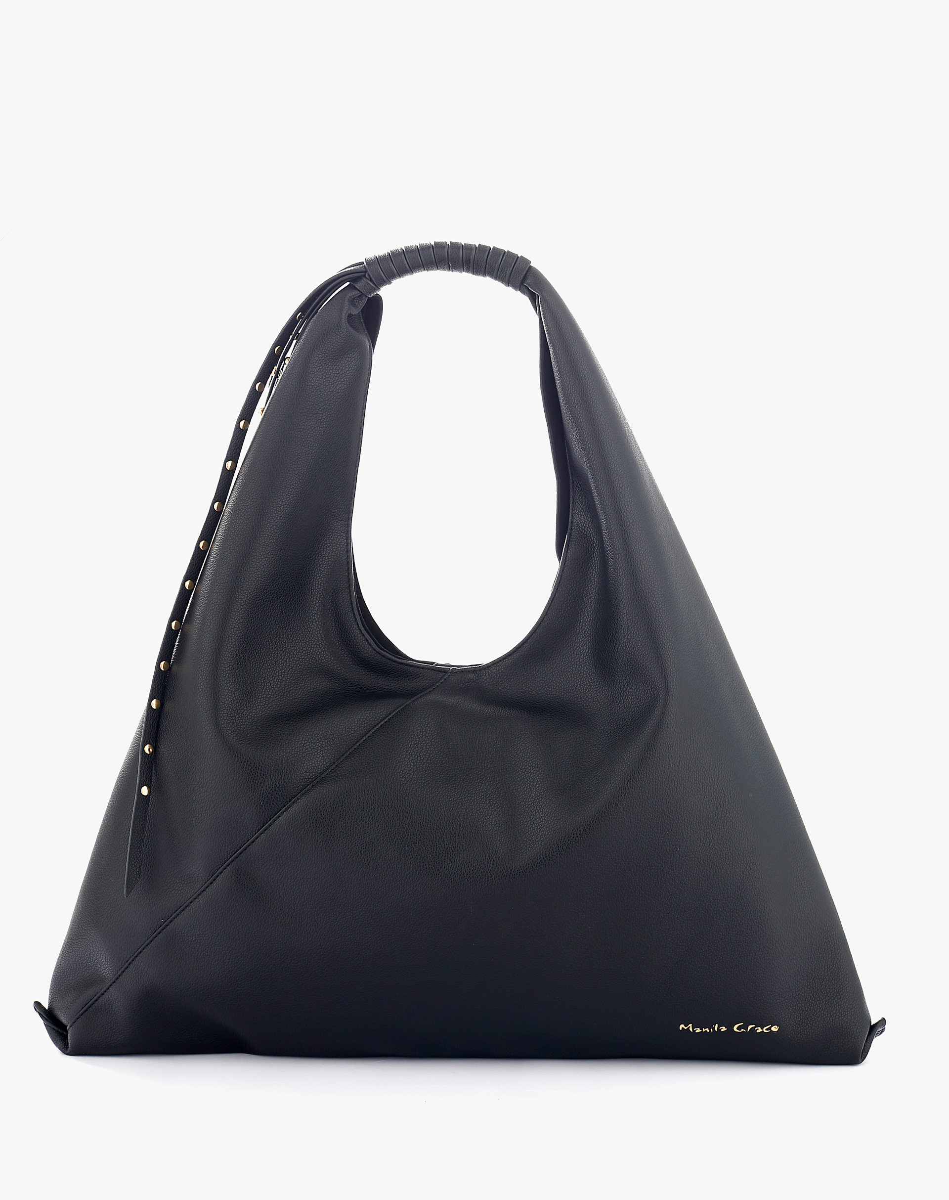 Faux Leather Sac Bag With Fringes And Studs - BLACK - Manila Grace | Official Website