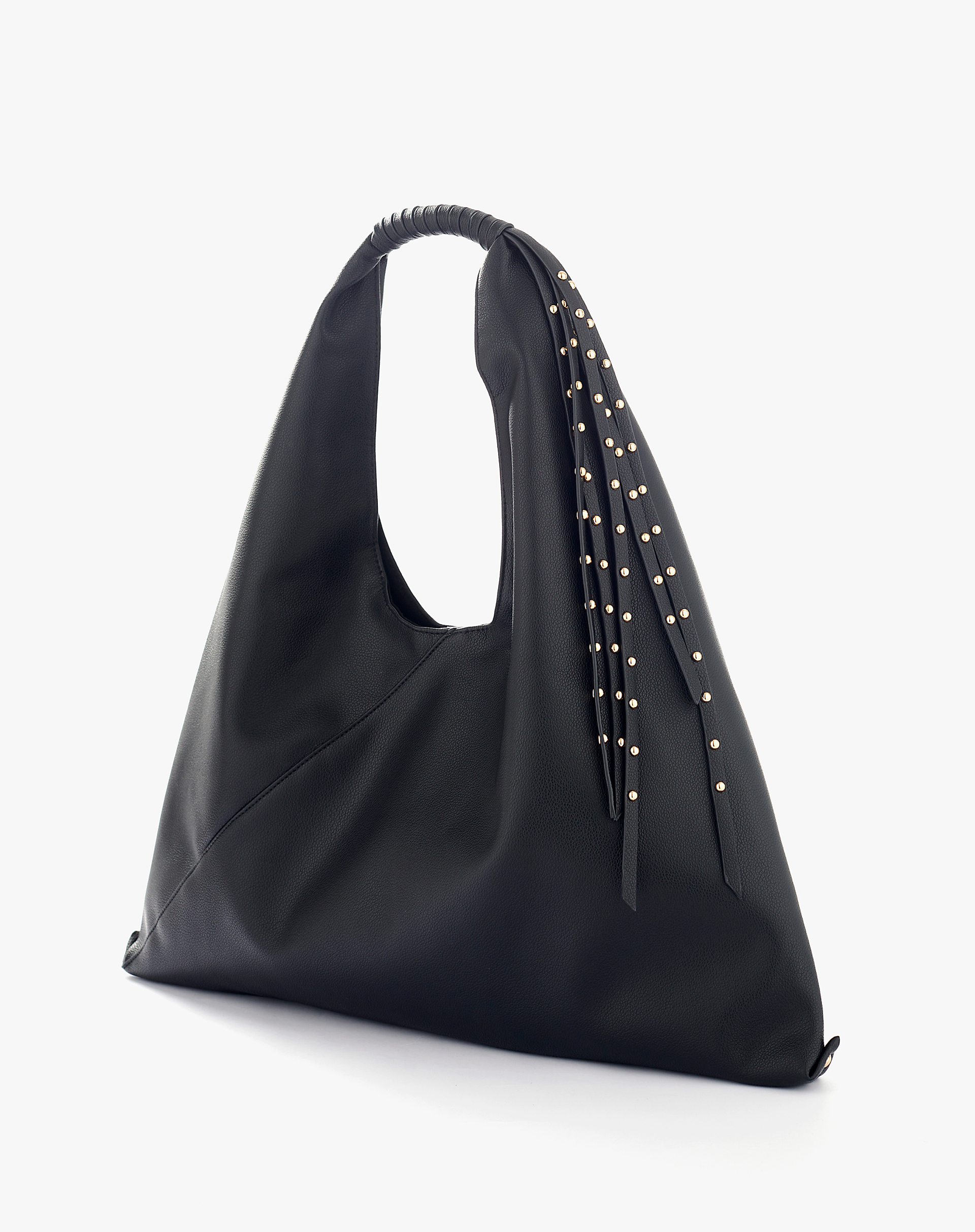 Faux Leather Sac Bag With Fringes And Studs - BLACK - Manila Grace | Official Website