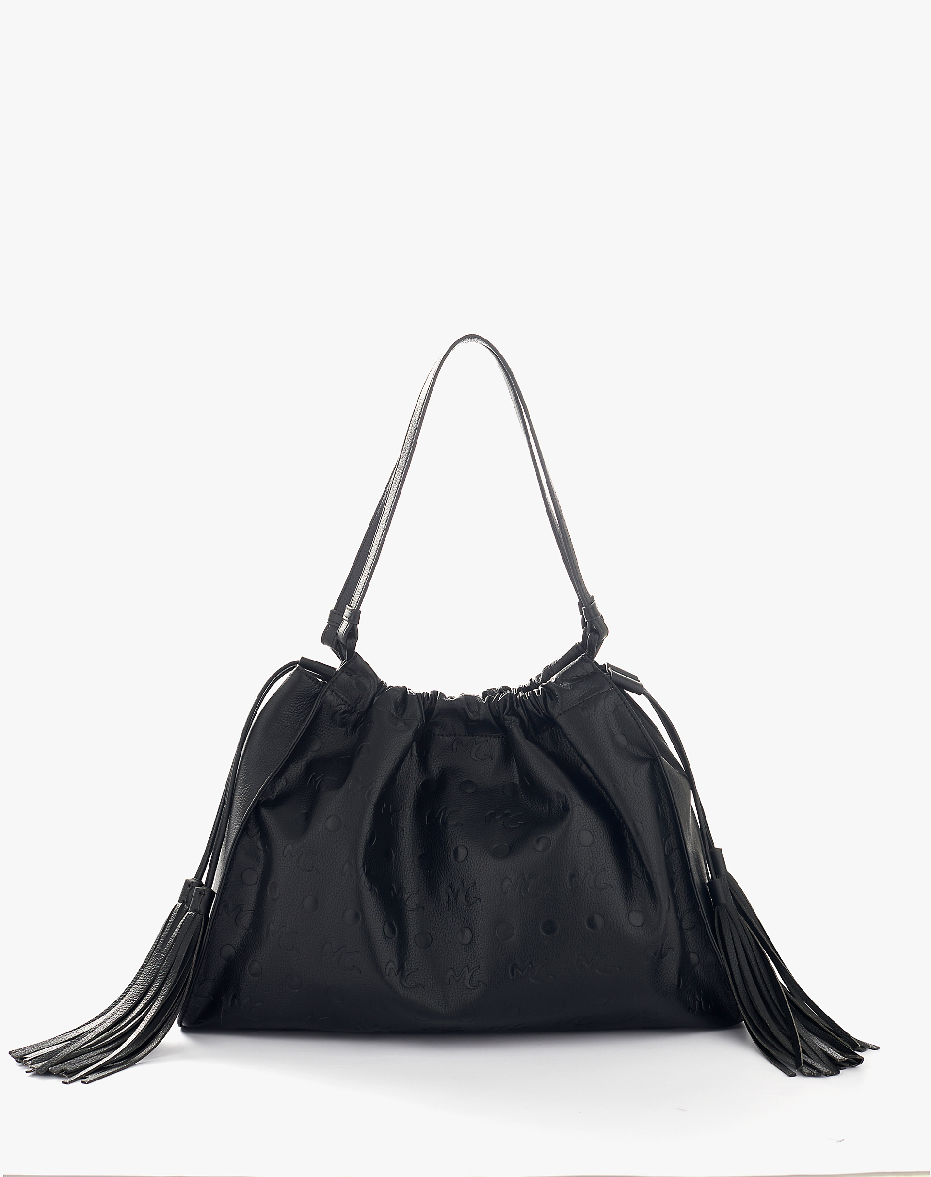 Shoulder Bag With Fringes And Embossed Logo - BLACK - Manila Grace | Official Website