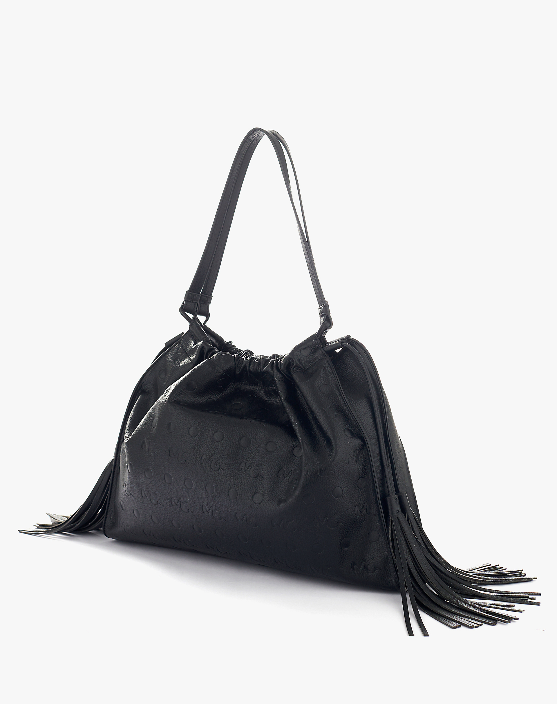 Shoulder Bag With Fringes And Embossed Logo - BLACK - Manila Grace | Official Website