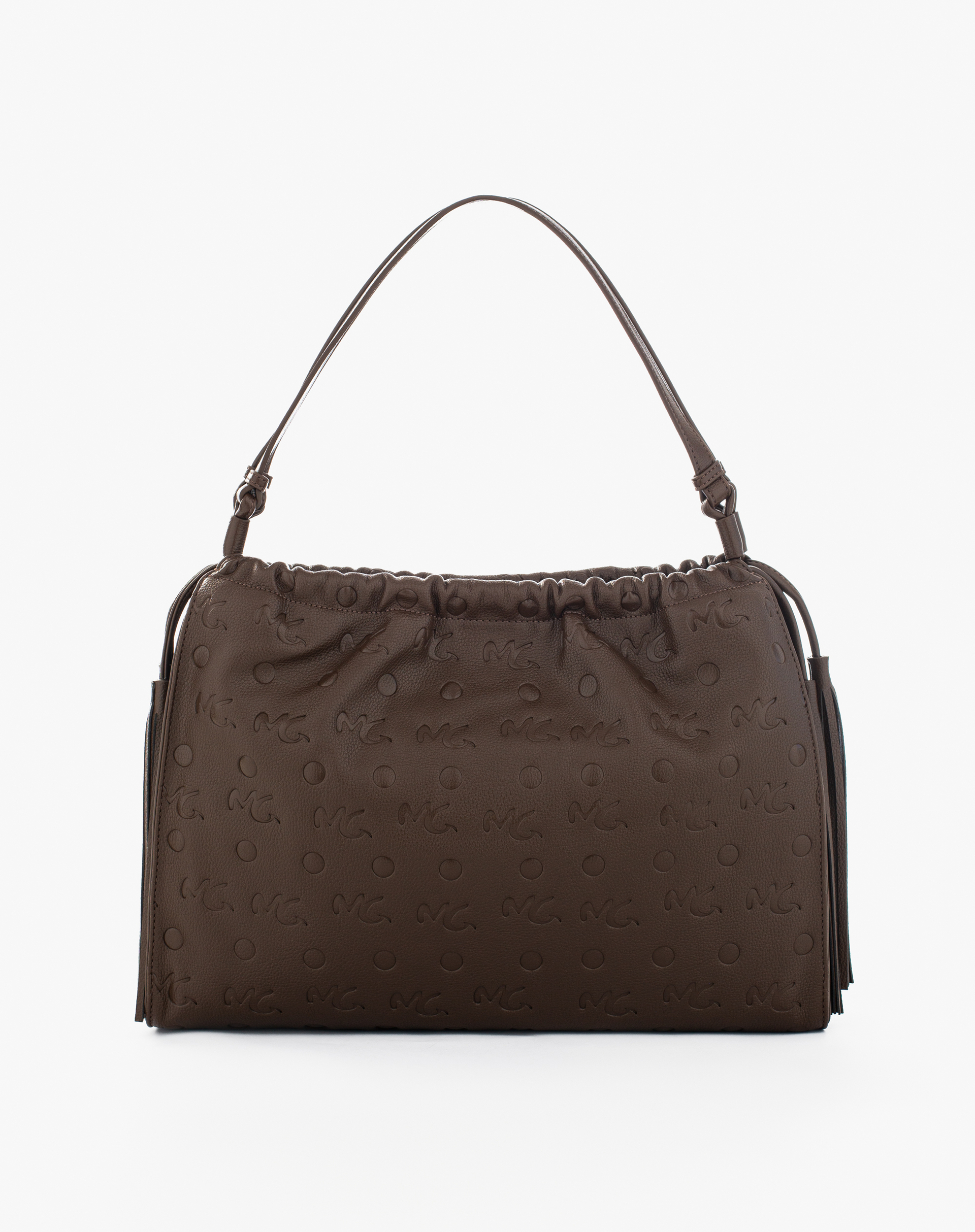 Shoulder Bag With Fringes And Embossed Logo - COFFEE BEAN - Manila Grace | Official Website