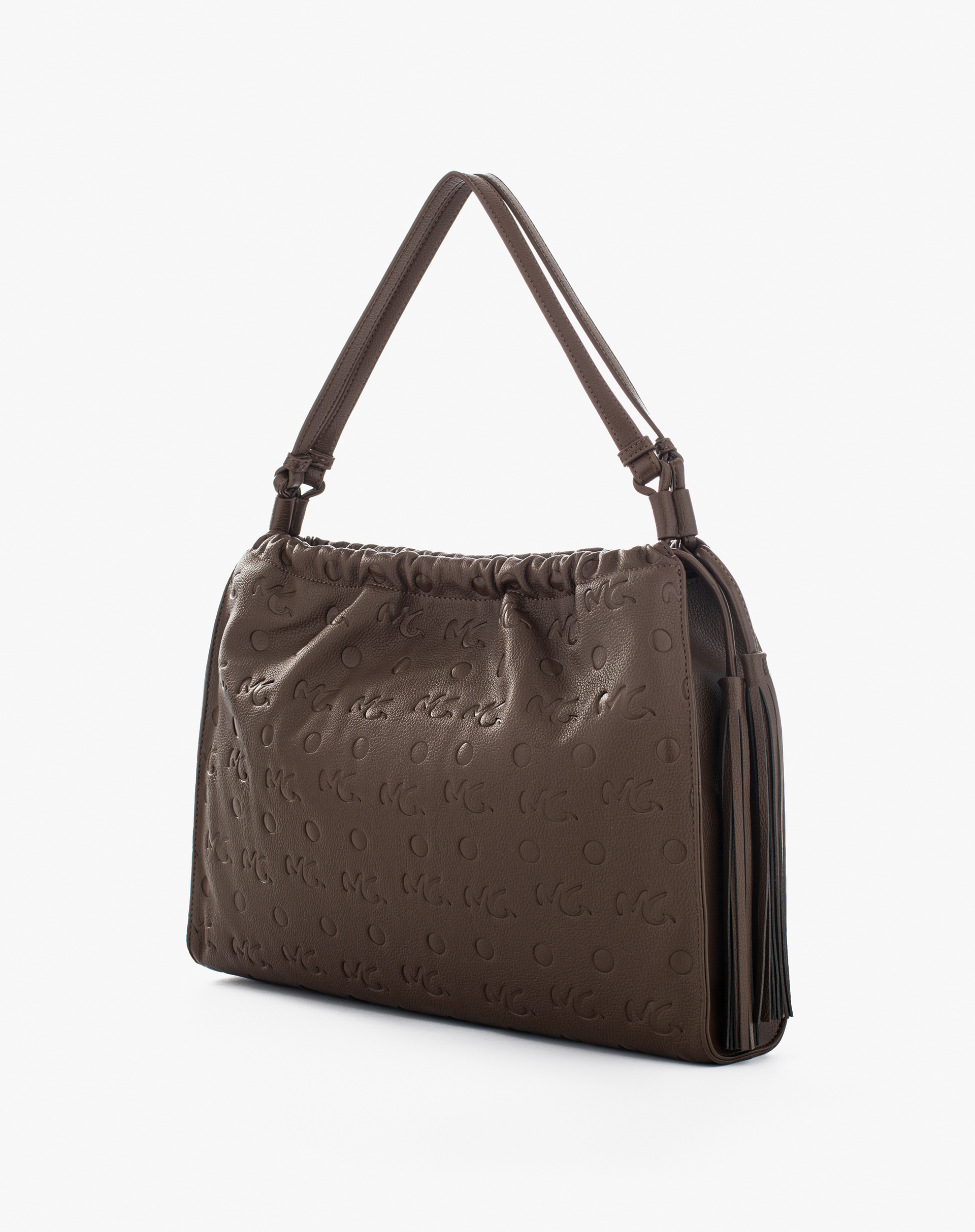 Shoulder Bag With Fringes And Embossed Logo - COFFEE BEAN - Manila Grace | Official Website