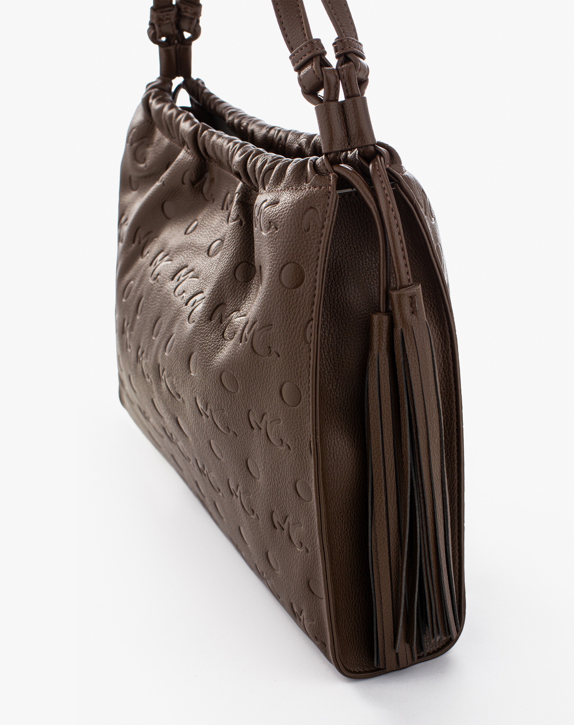 Shoulder Bag With Fringes And Embossed Logo - COFFEE BEAN - Manila Grace | Official Website