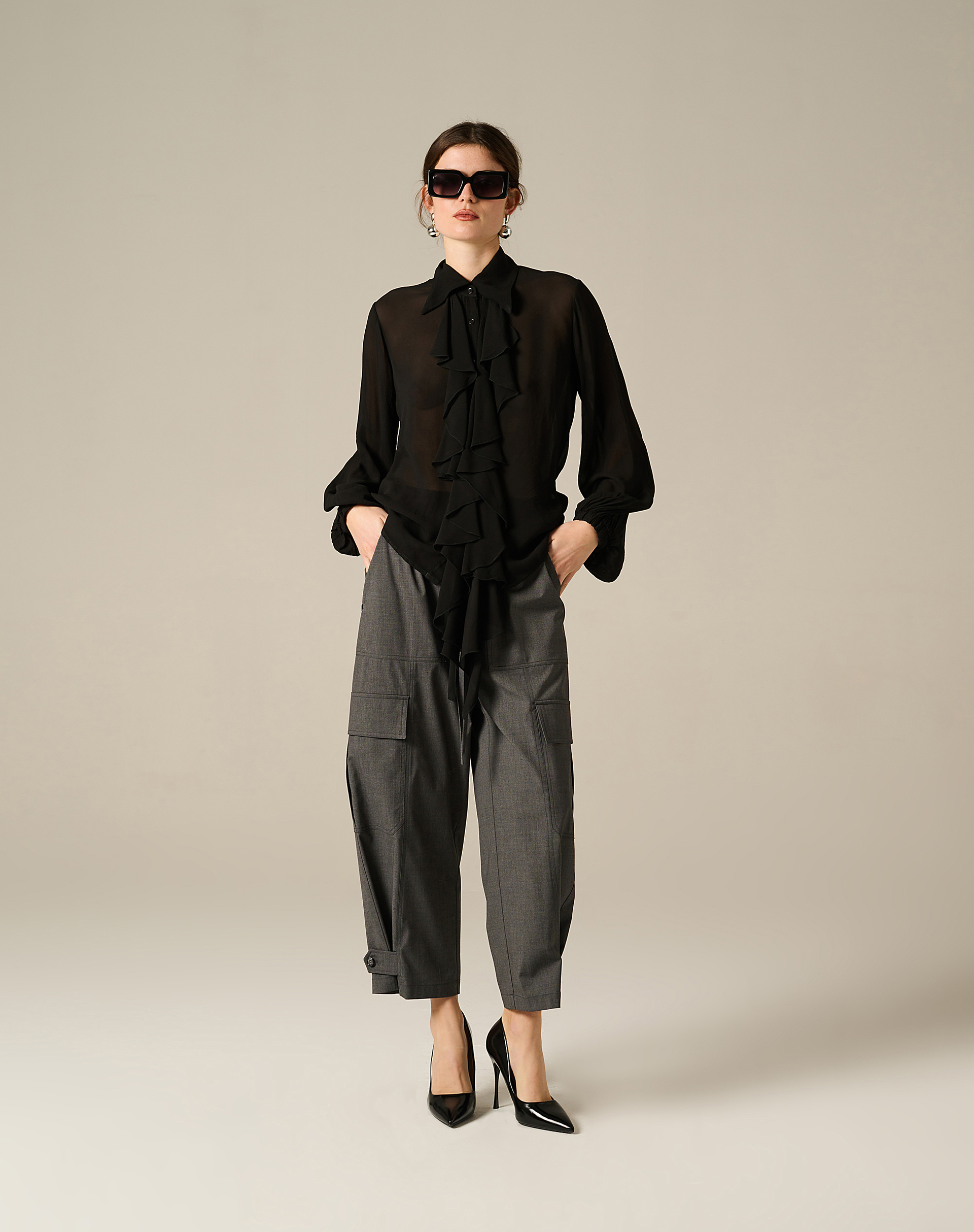 Georgette Shirt With Ruffles - BLACK - Manila Grace | Official Website