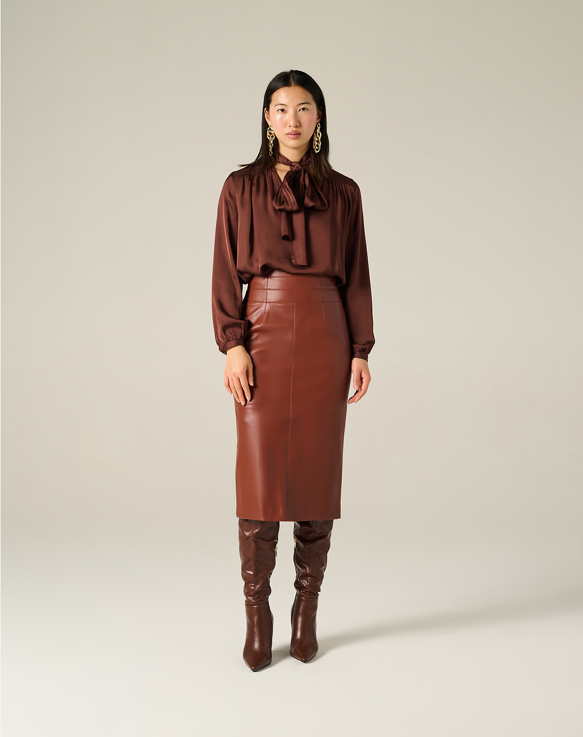 Satin Blouse With Bow At The Neck - MA646 - Manila Grace | Official Website