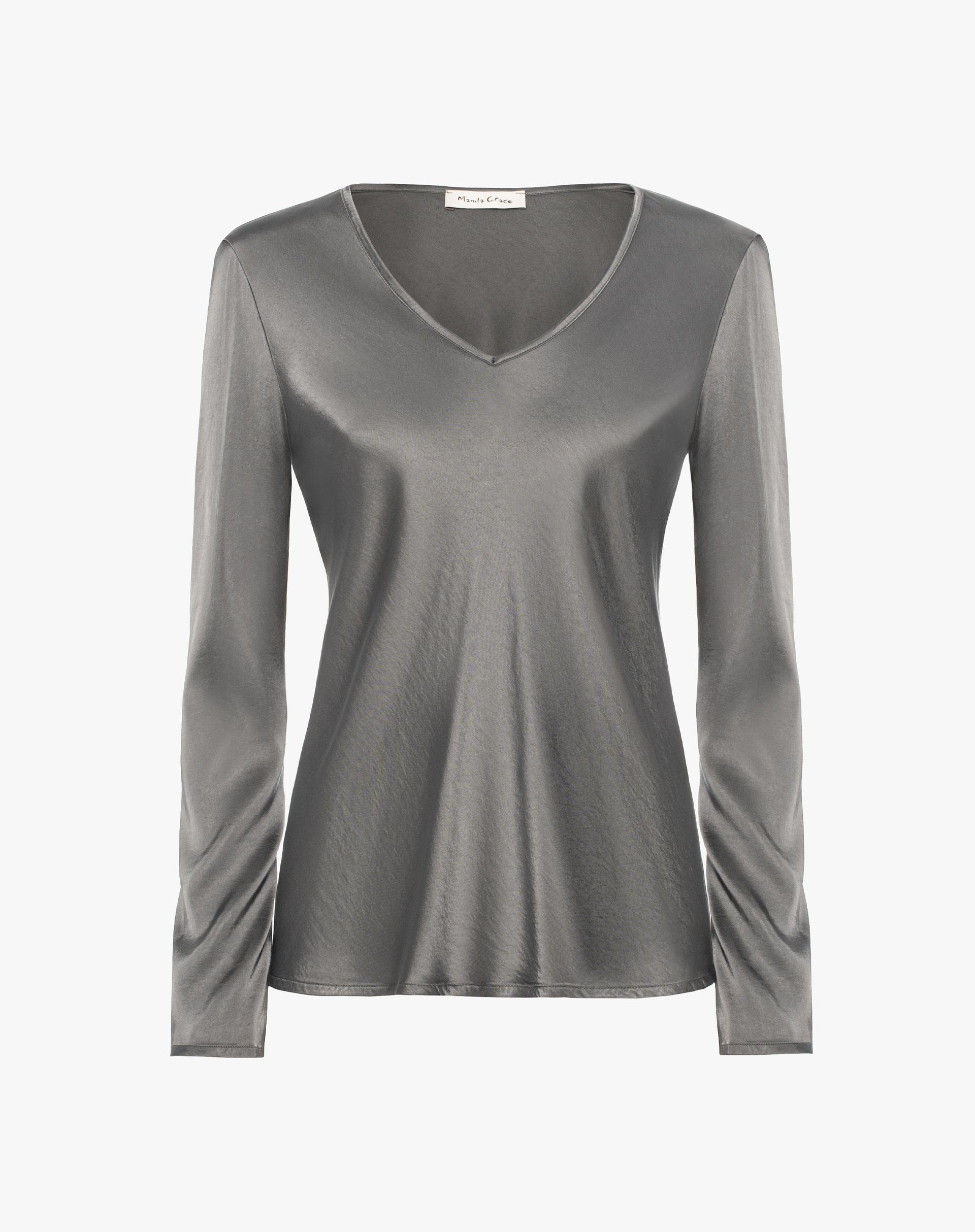 Satin Blouse With V-Neck - SHIRTS - Manila Grace | Official Website