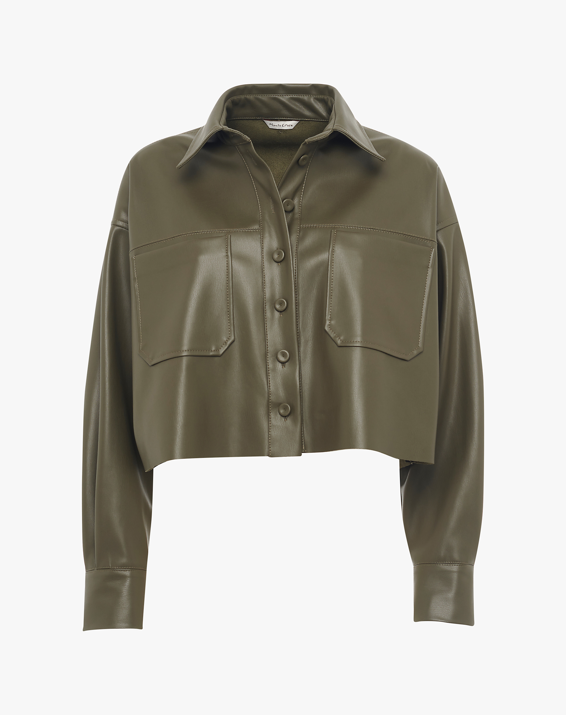 Crop Faux Leather Shirt With Pockets - MILITARY GREEN - Manila Grace | Official Website