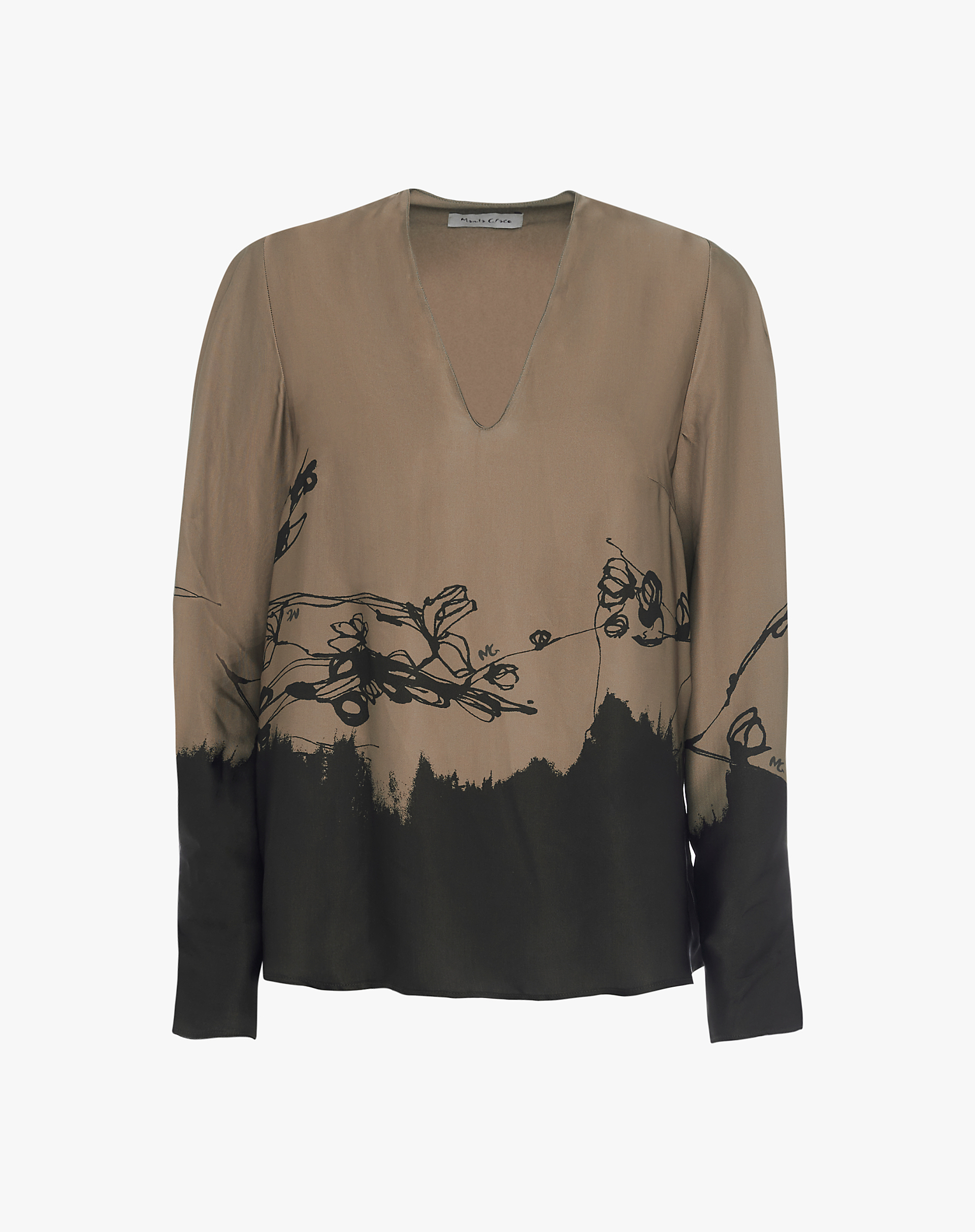 Viscose Blouse With Stylized Floral Print - MILITARY GREEN - Manila Grace | Official Website