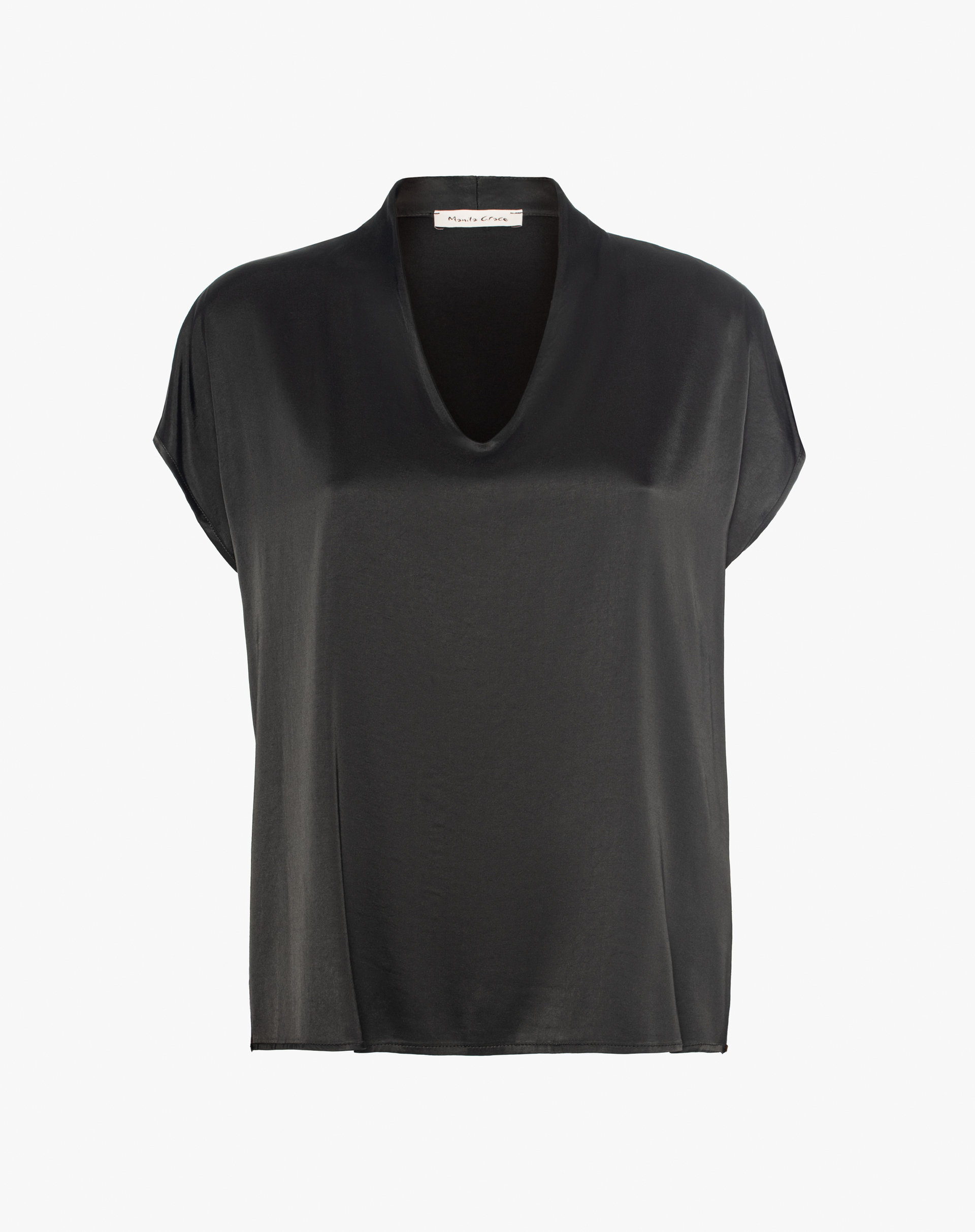 Satin Blouse With Soft Neckline - BLACK - Manila Grace | Official Website