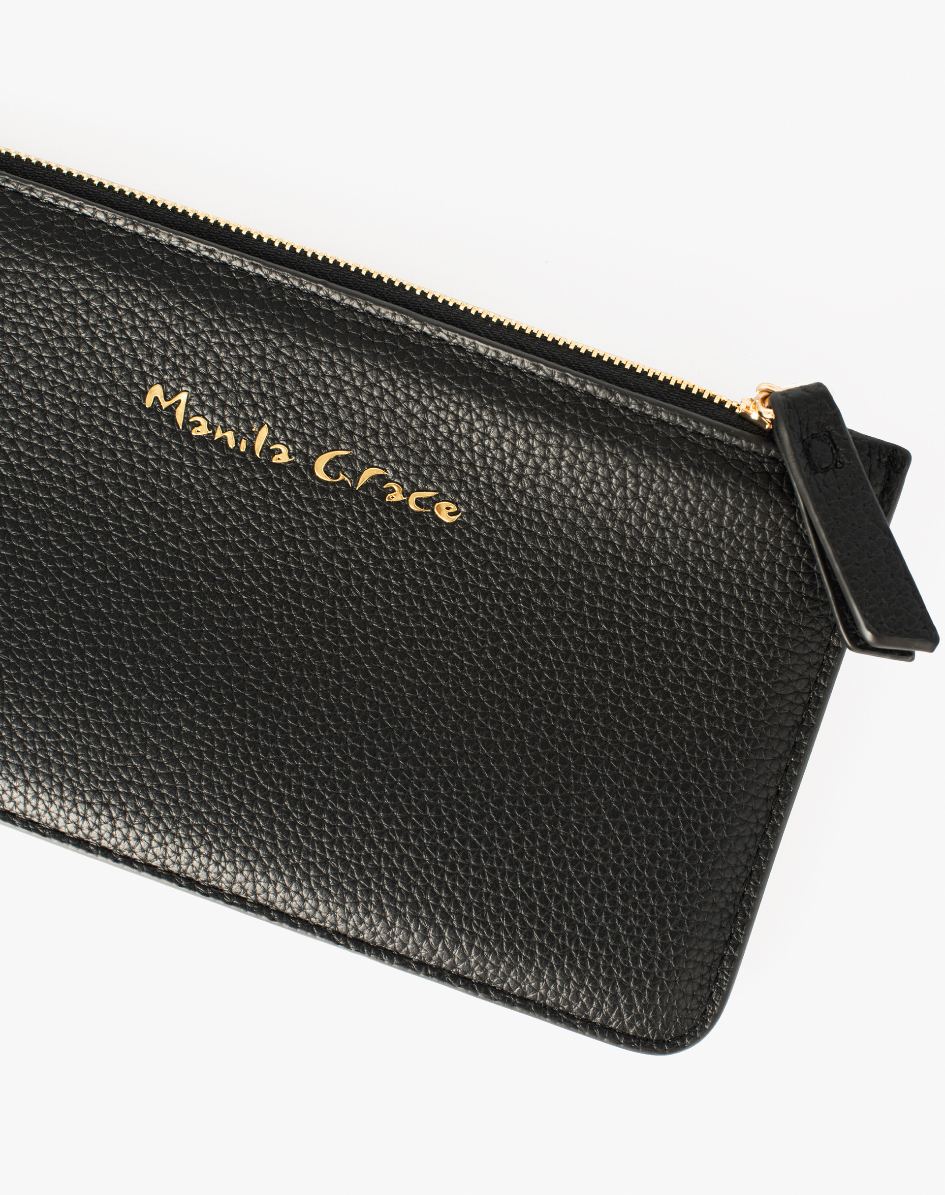 Flat Faux Leather Wallet With Gold Logo - BLACK - Manila Grace | Official Website