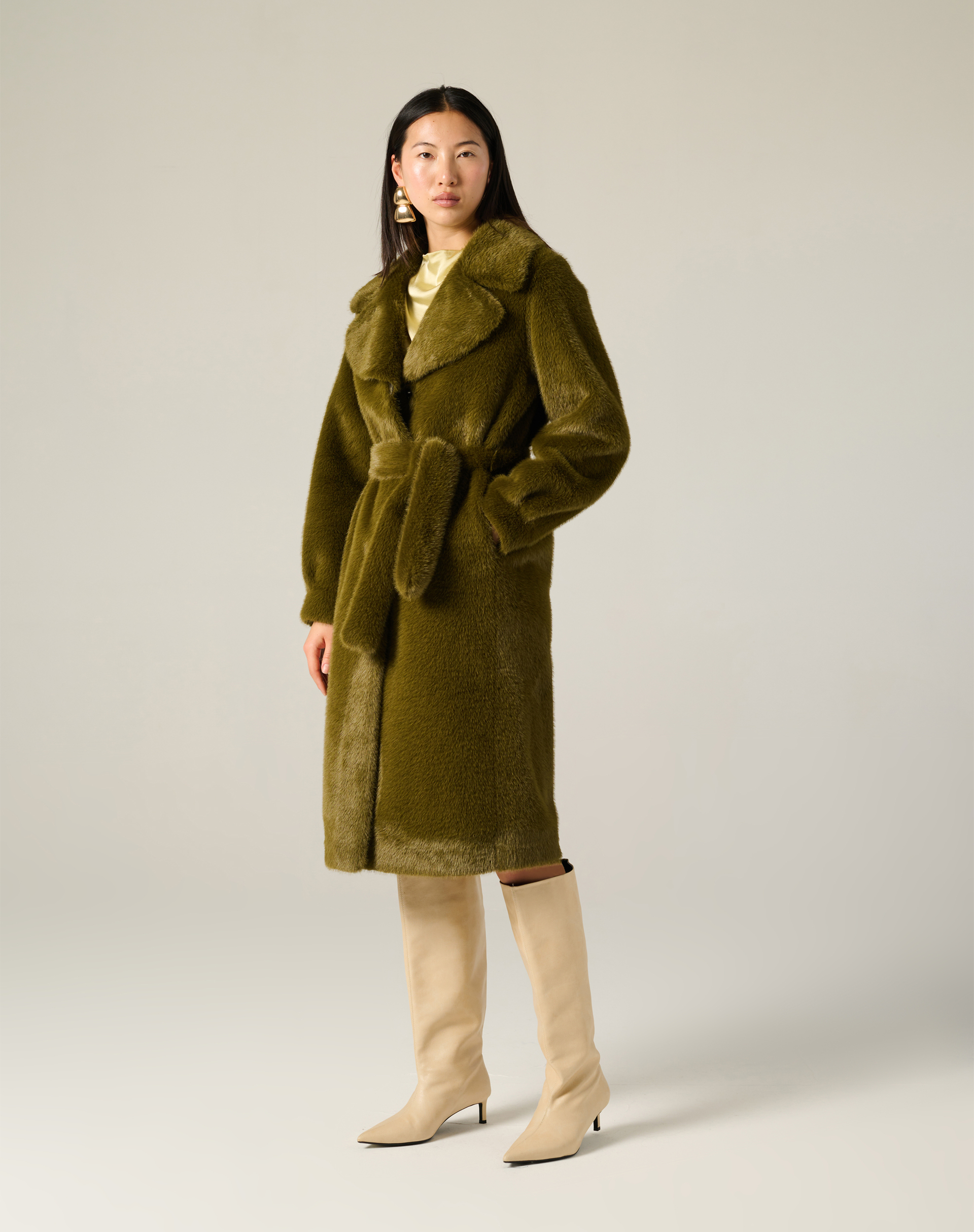 Long Faux Fur Coat With Belt - MILITARY GREEN - Manila Grace | Official Website