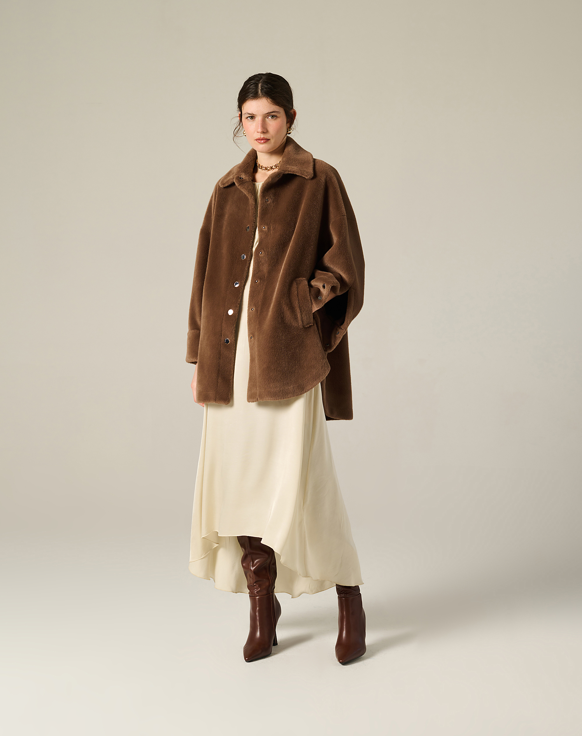 Eco-Fur Shirtdress Coat With Press Buttons - MA646 - Manila Grace | Official Website