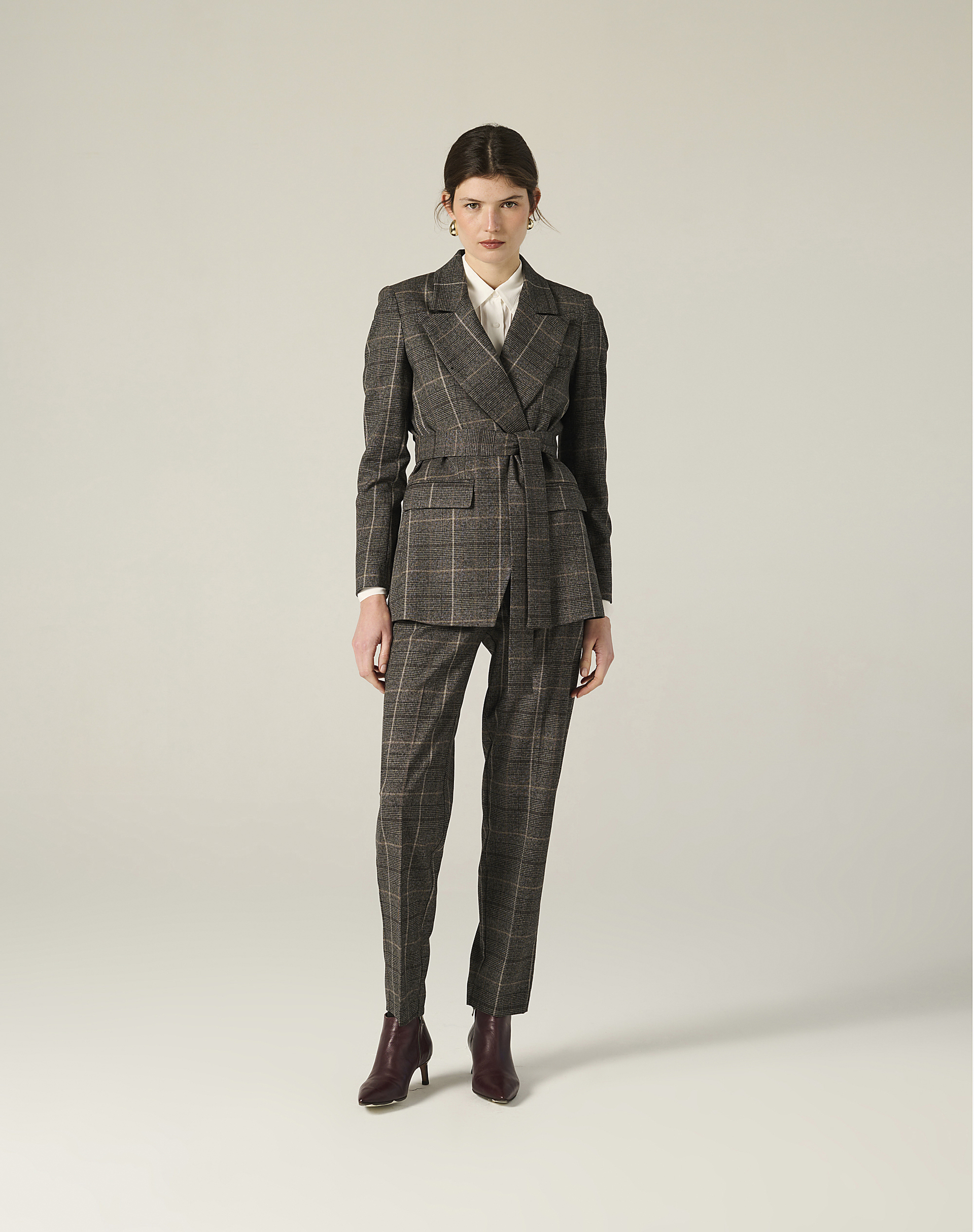 Tailored Check Jacket With Knot At The Waist - MG603 - Manila Grace | Official Website