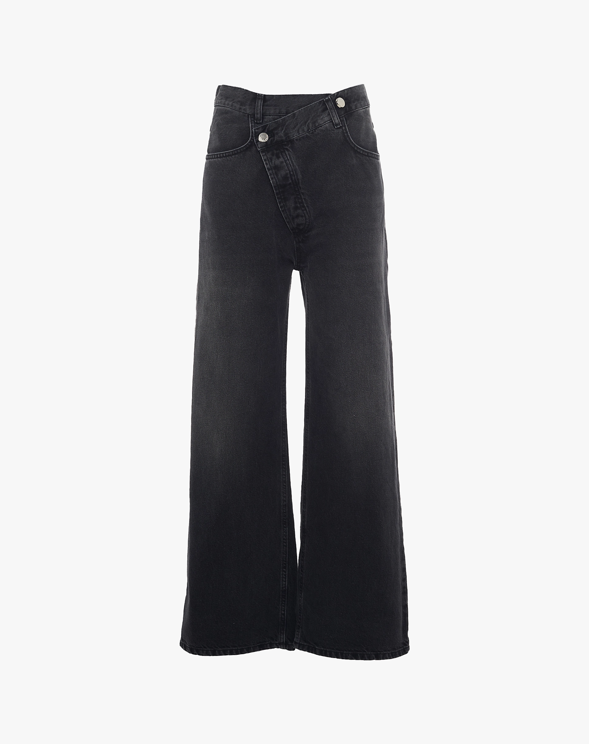 Black Wide-Leg Jeans With Asymmetrical Closure - TROUSERS - Manila Grace | Official Website