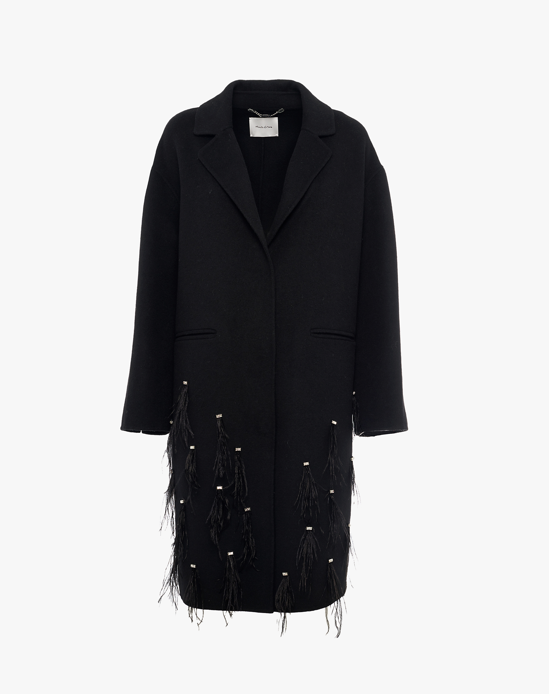 Long Wool Coat With Fringes And Jewel Details - BLACK - Manila Grace | Official Website
