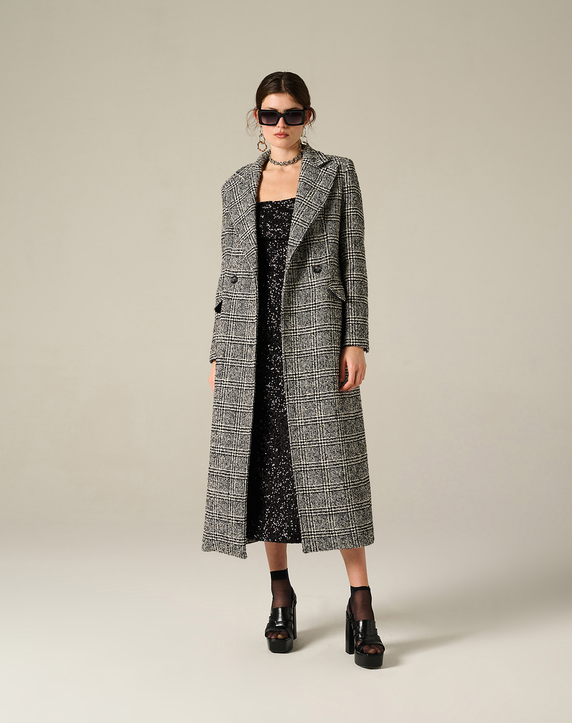 Long Double-Breasted Checked Coat - BLACK - Manila Grace | Official Website