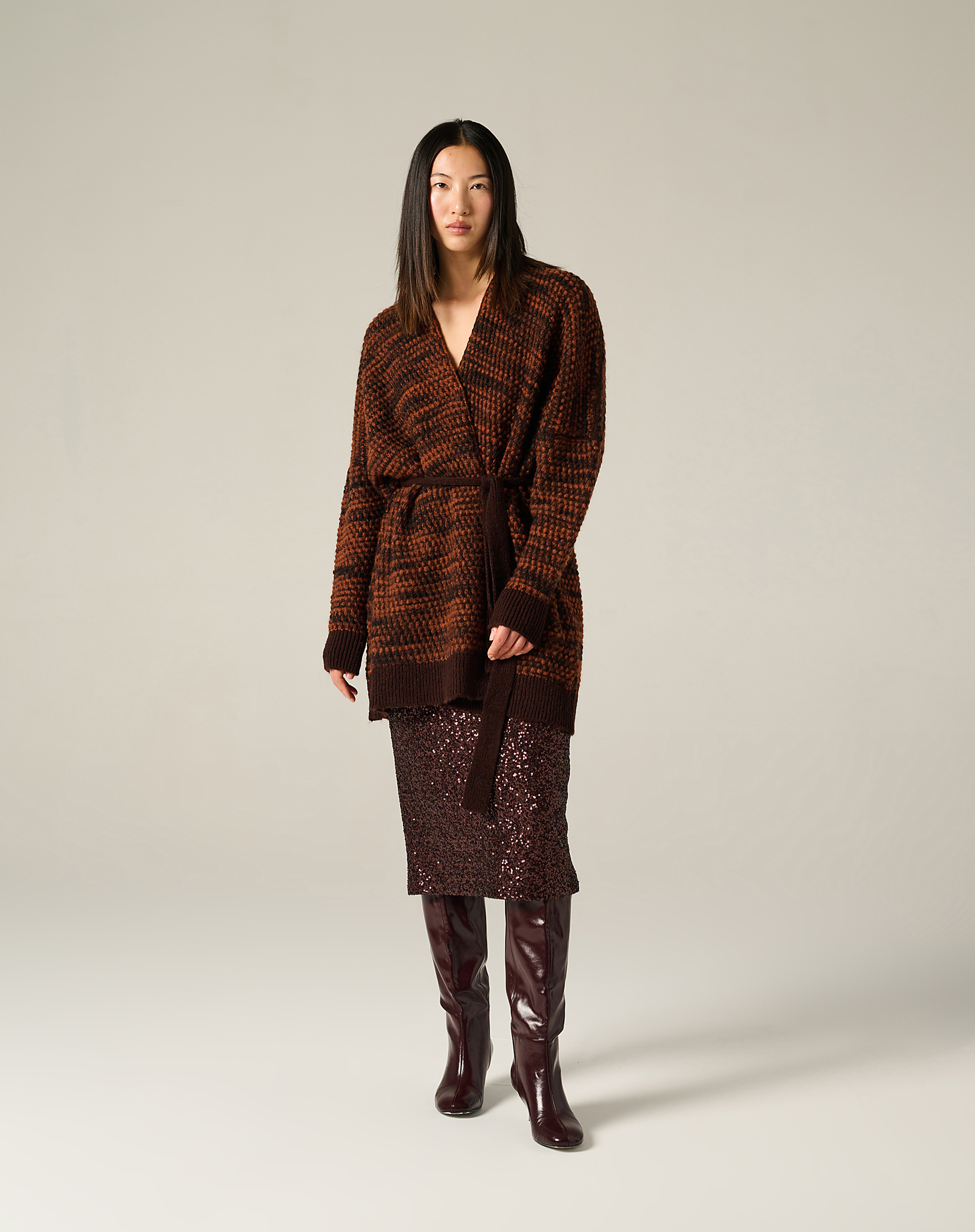 Long Mélange Cardigan With Belt - MA646 - Manila Grace | Official Website