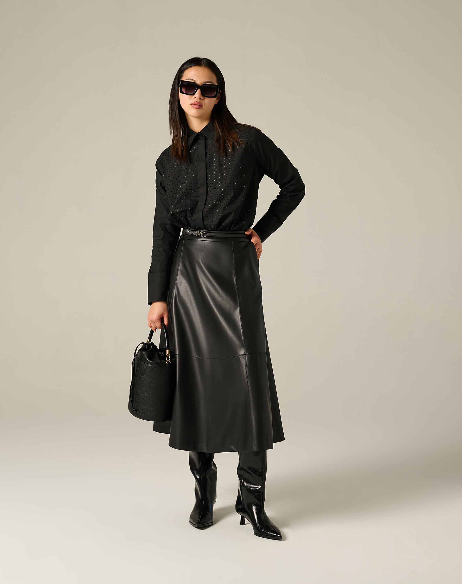 Flared Midi Skirt In Faux Leather - BLACK - Manila Grace | Official Website