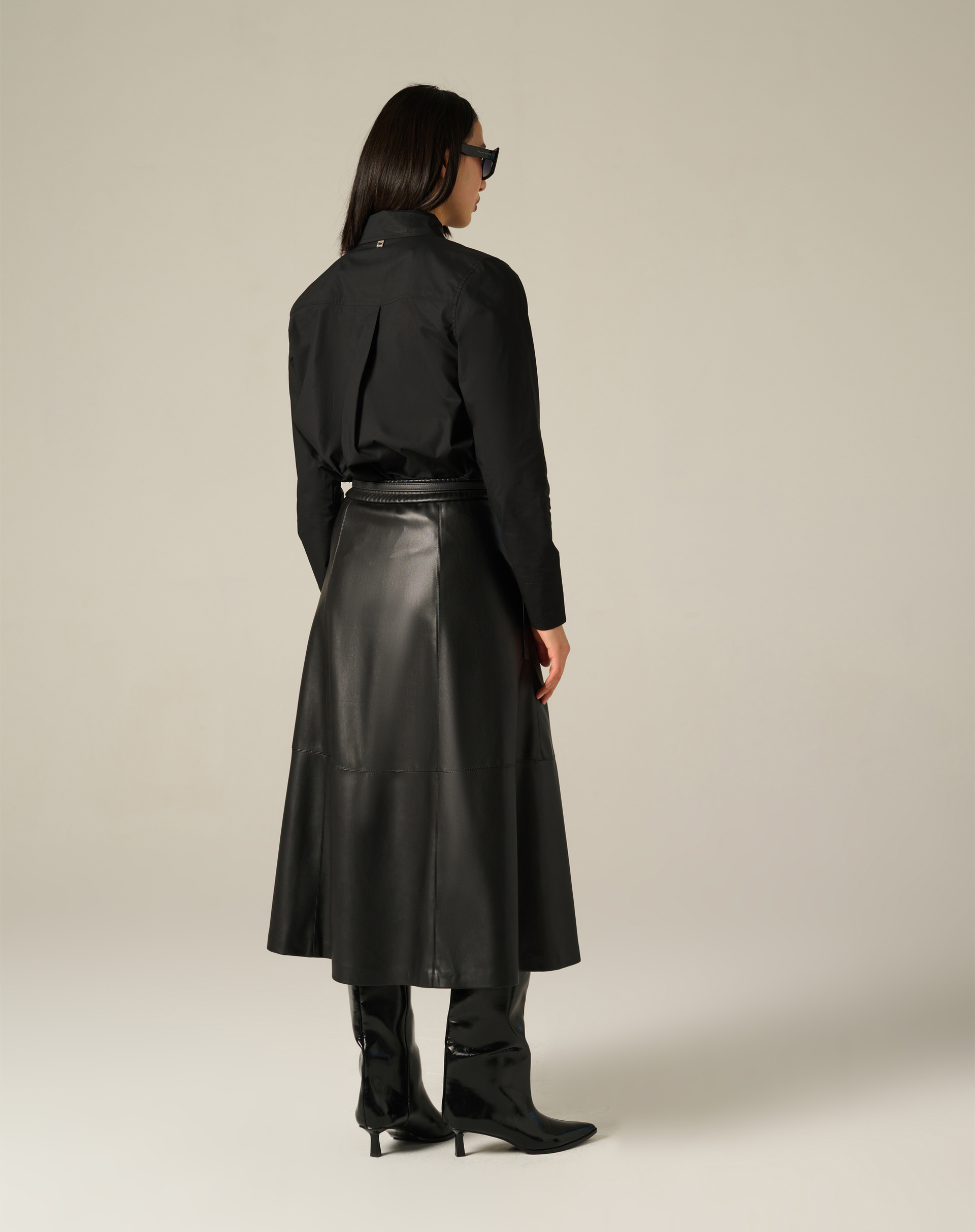 Flared Midi Skirt In Faux Leather - BLACK - Manila Grace | Official Website