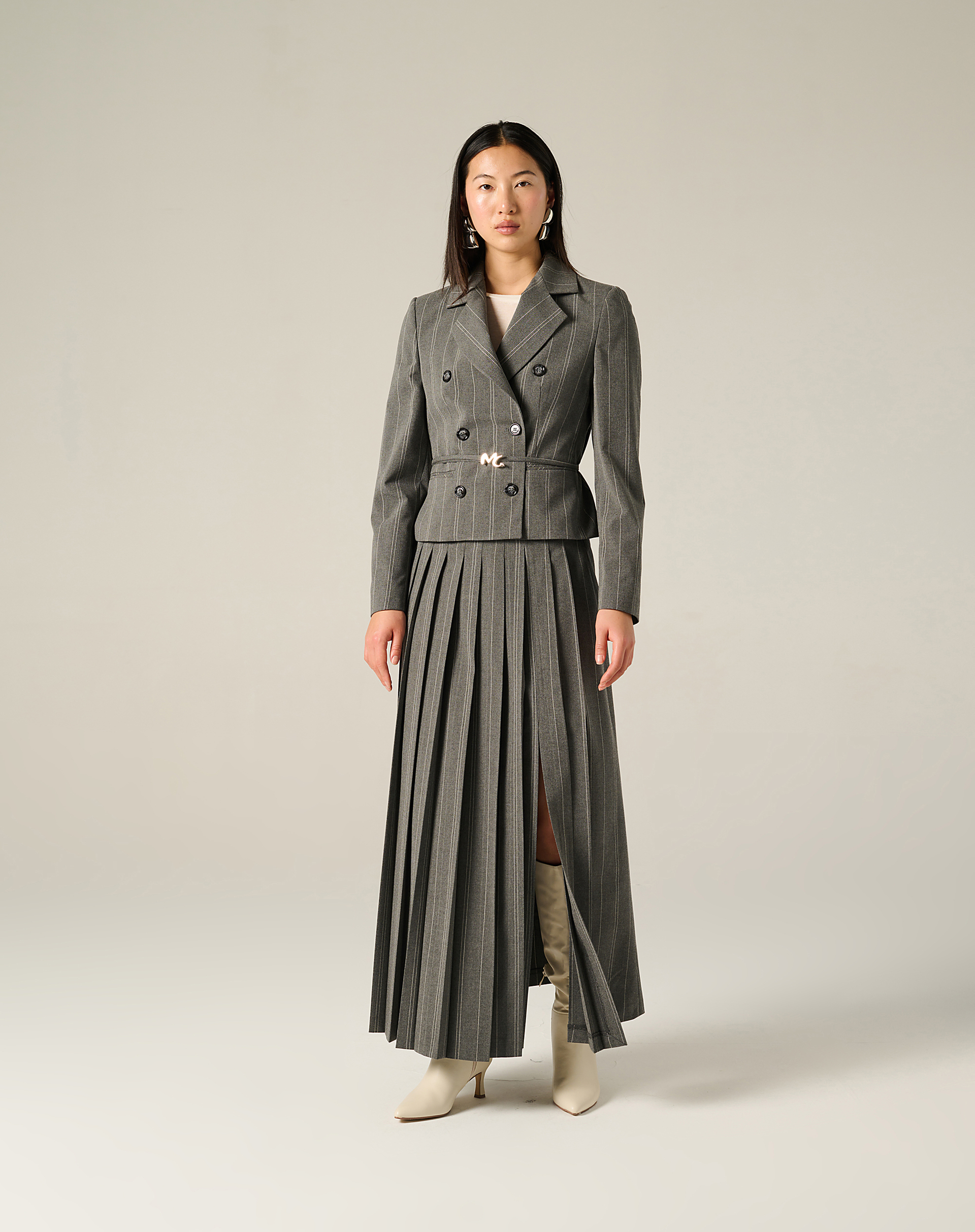 Striped Pleated Midi Skirt With Mg Logo Belt - MA642 - Manila Grace | Official Website