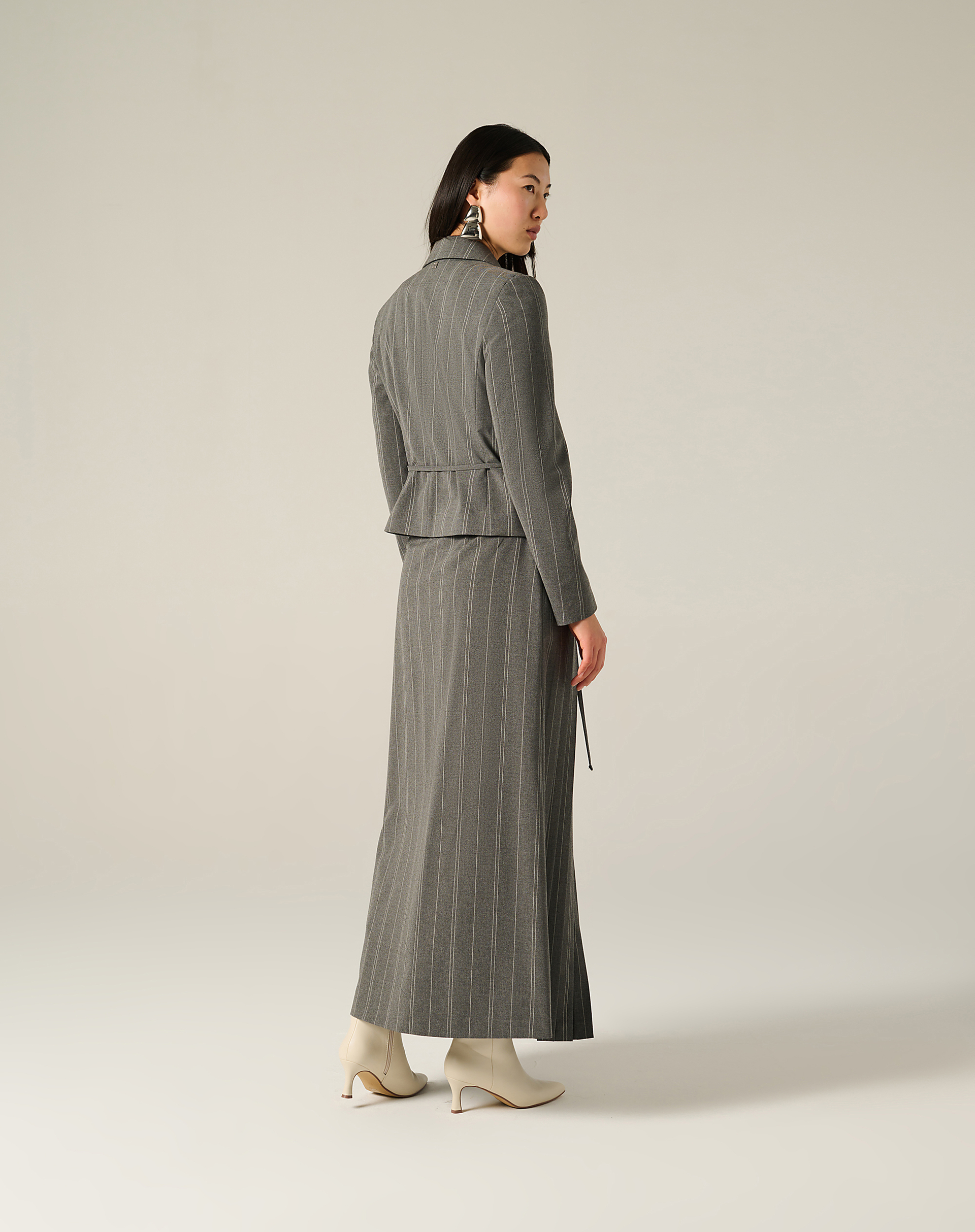 Striped Pleated Midi Skirt With Mg Logo Belt - MA642 - Manila Grace | Official Website