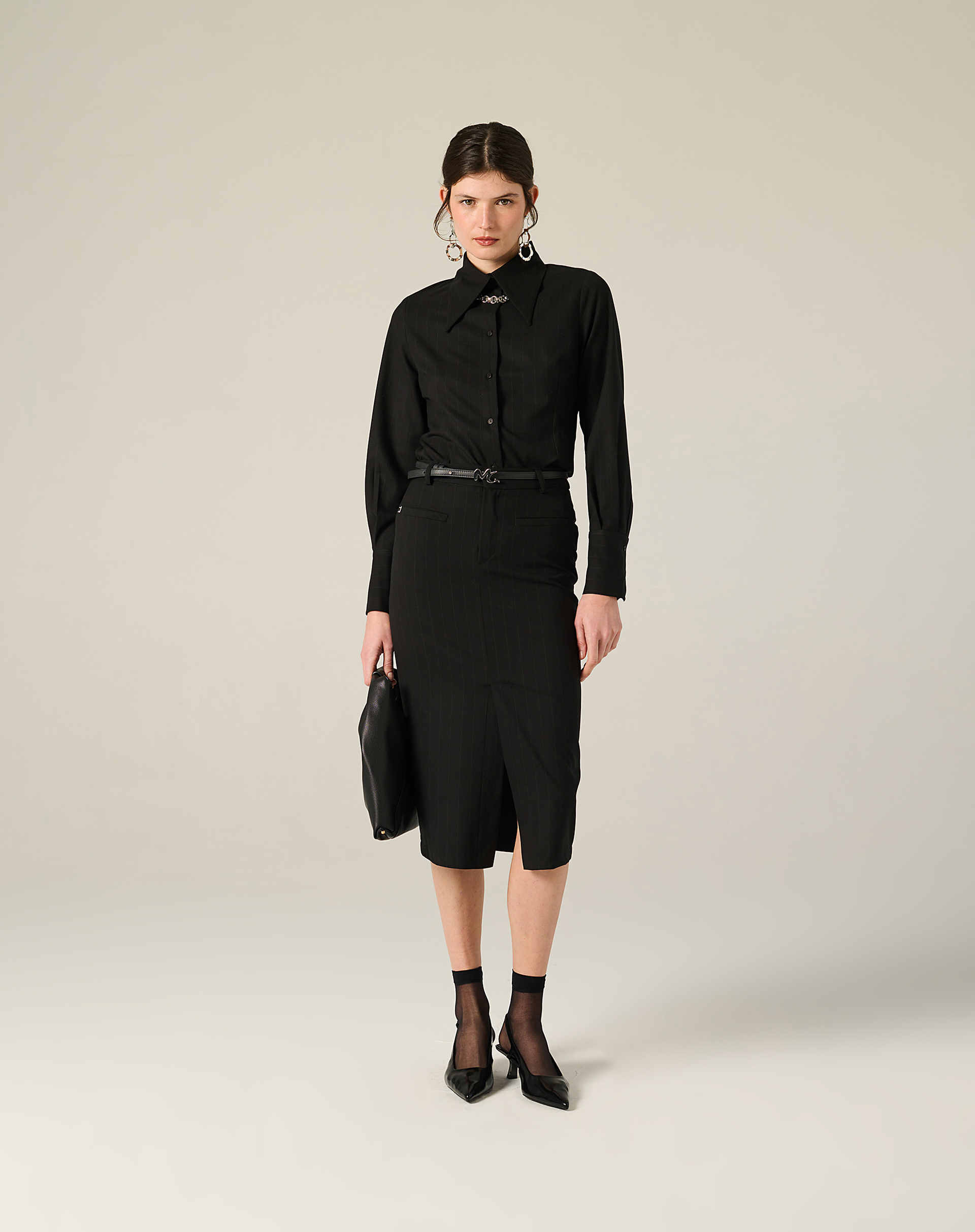 Striped Pleated Midi Skirt With Mg Logo Belt - BLACK - Manila Grace | Official Website