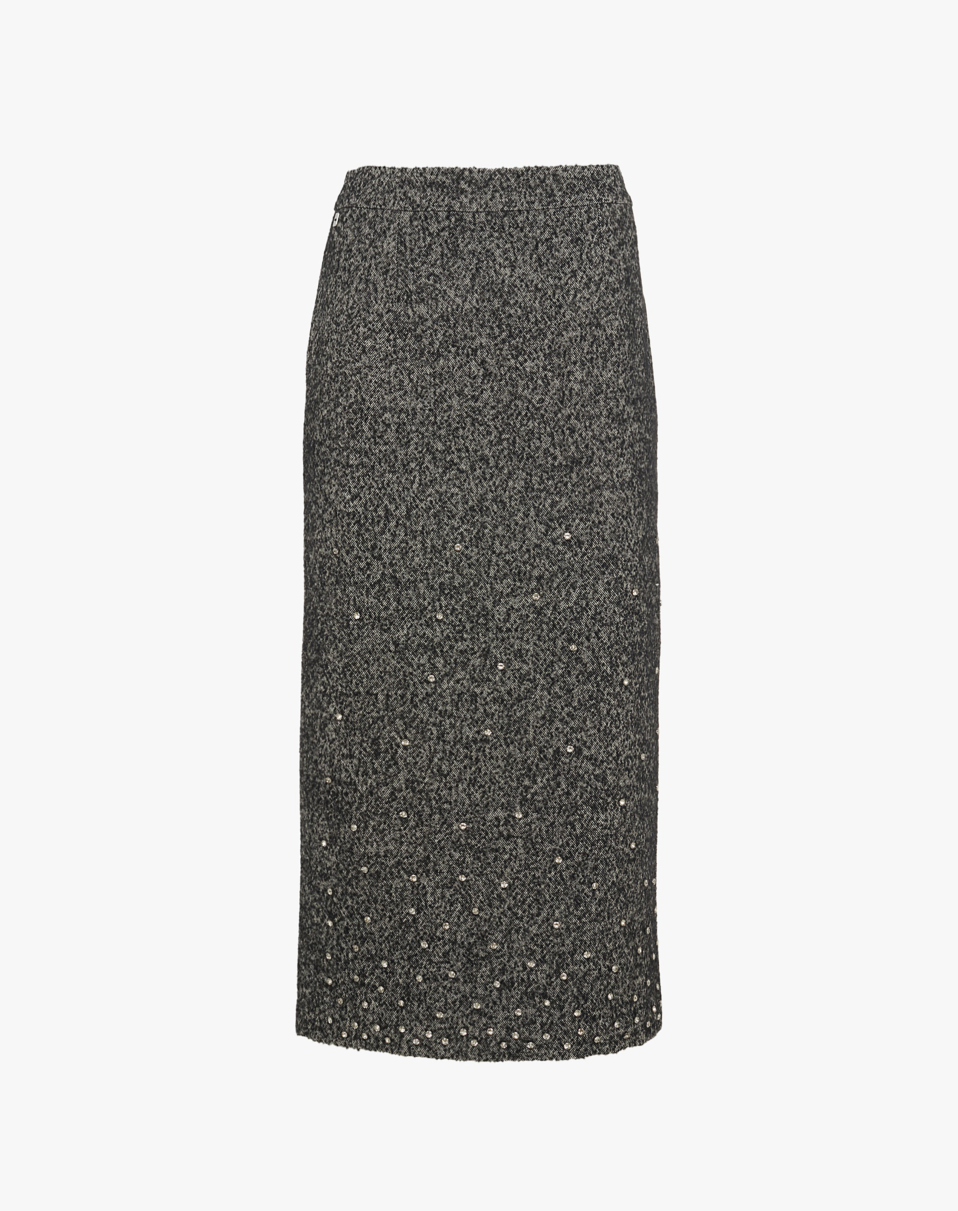 Tweed Pencil Skirt With Rhinestone Appliques - BLACK - Manila Grace | Official Website