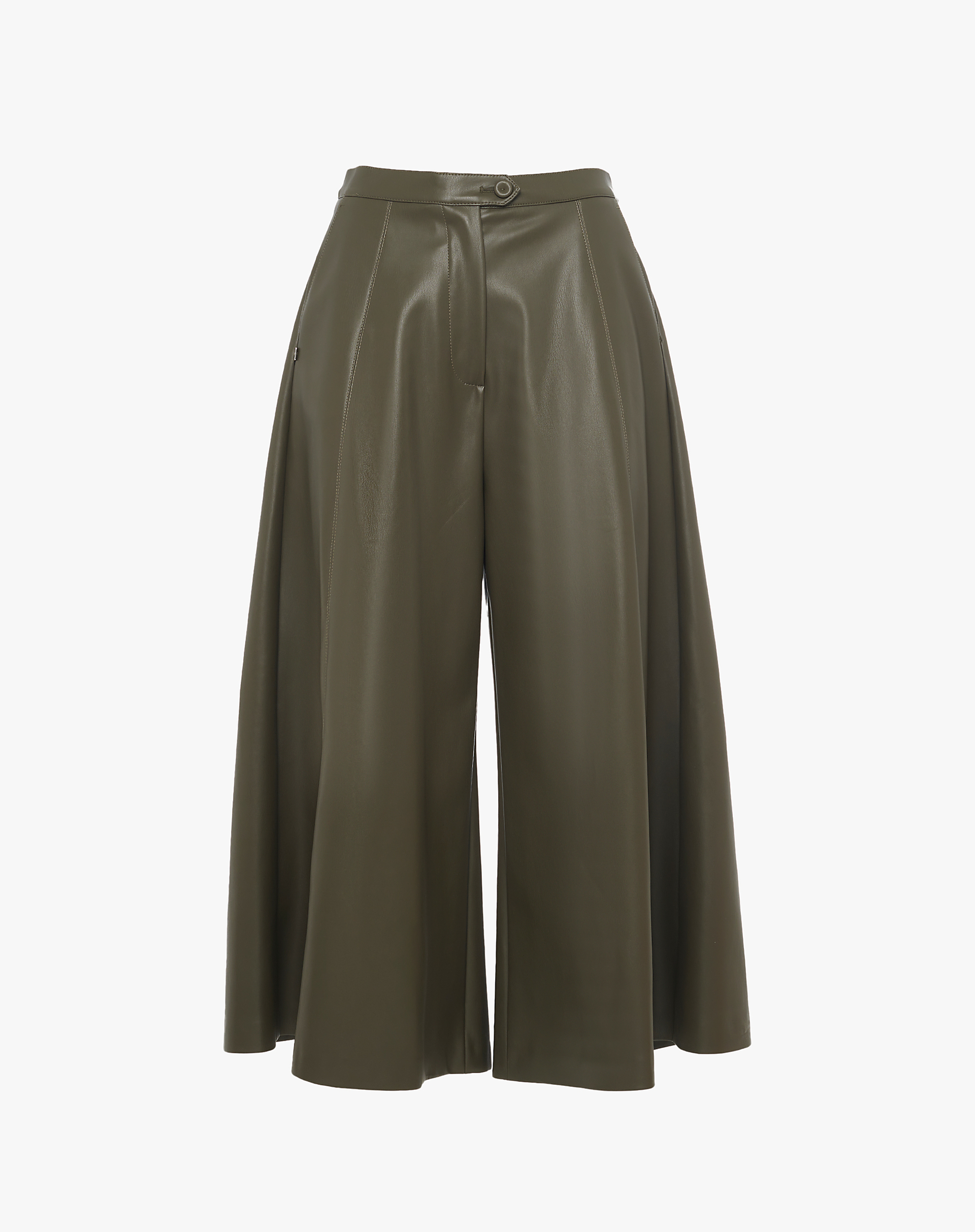 Wide-Leg Faux Leather Trousers With Pleats - MILITARY GREEN - Manila Grace | Official Website