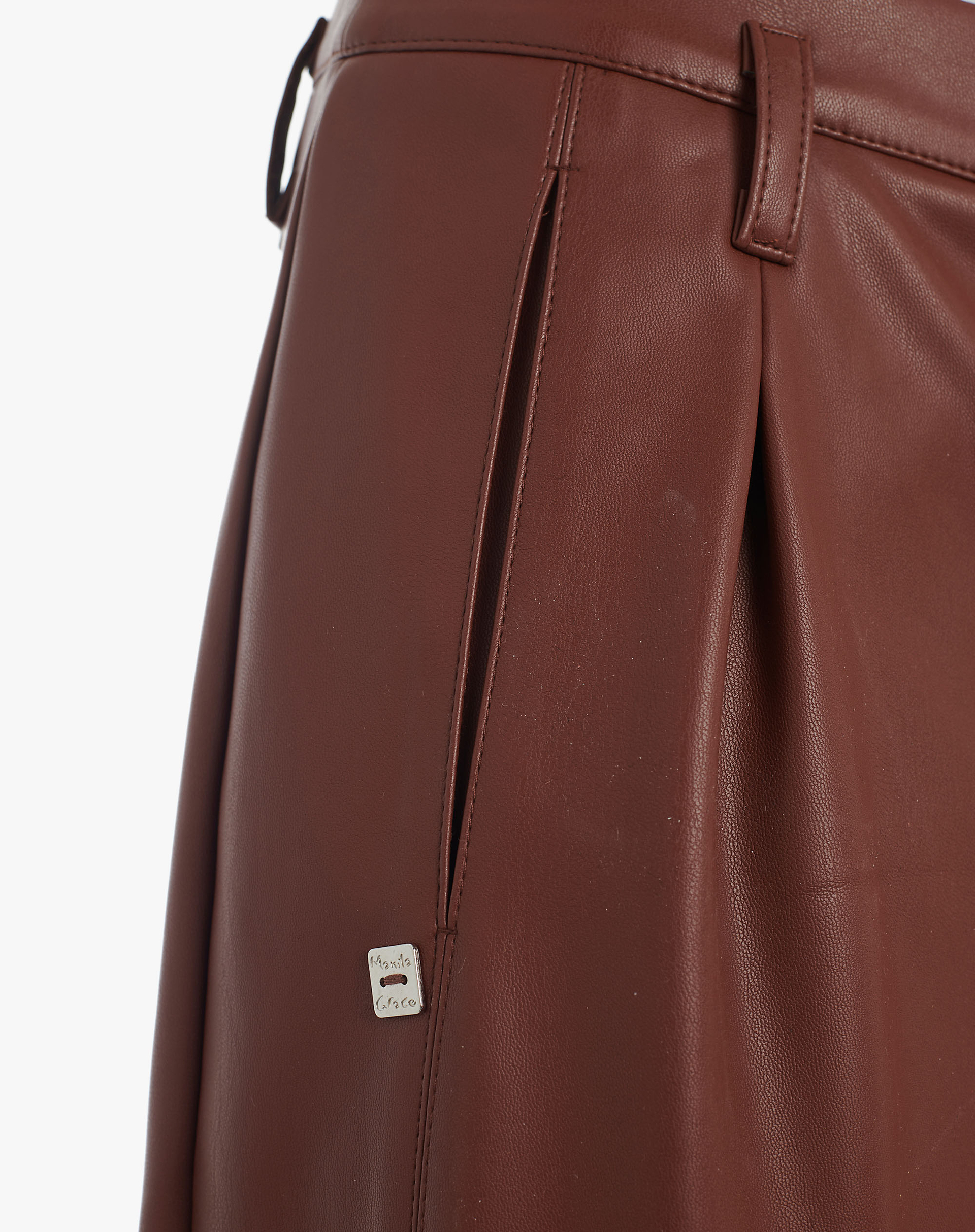 Wide-Leg Faux Leather Trousers With Pleats - MA646 - Manila Grace | Official Website