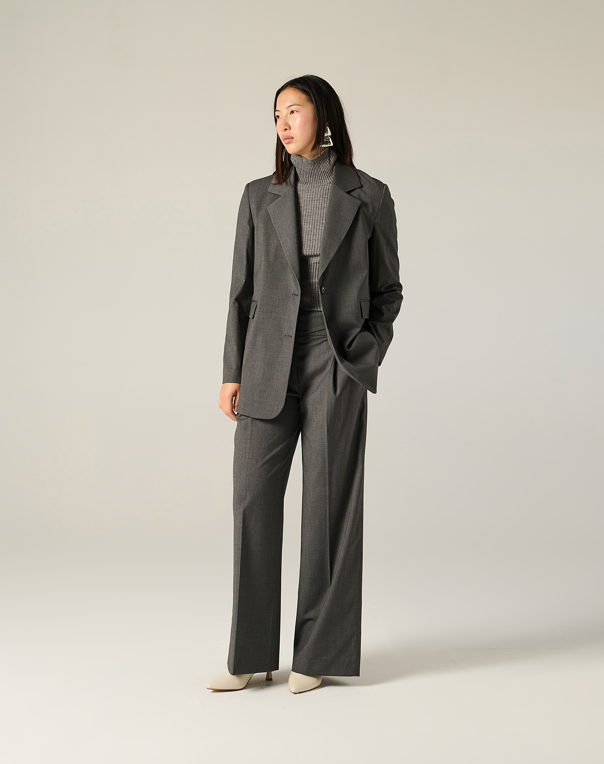 Pantalone A Palazzo In Tessuto Gessato - ASFALTO - Manila Grace