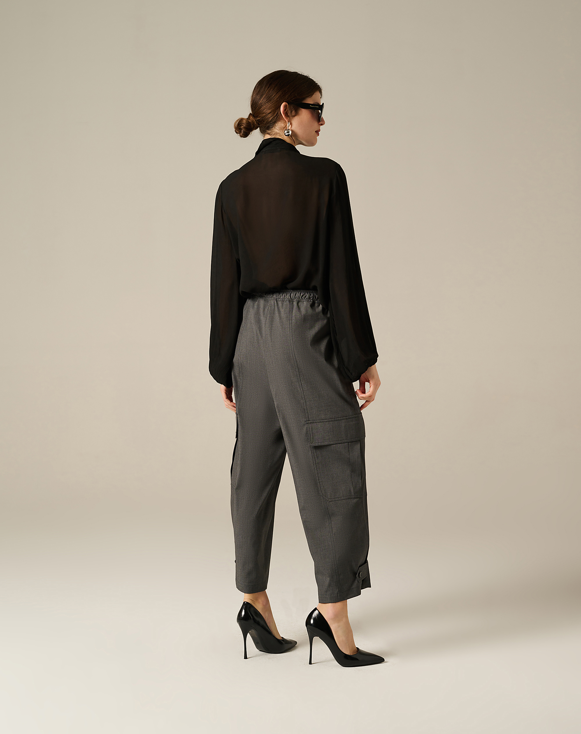 Cargo Trousers In Flowing Fabric With Drawstring - ASPHALT - Manila Grace | Official Website