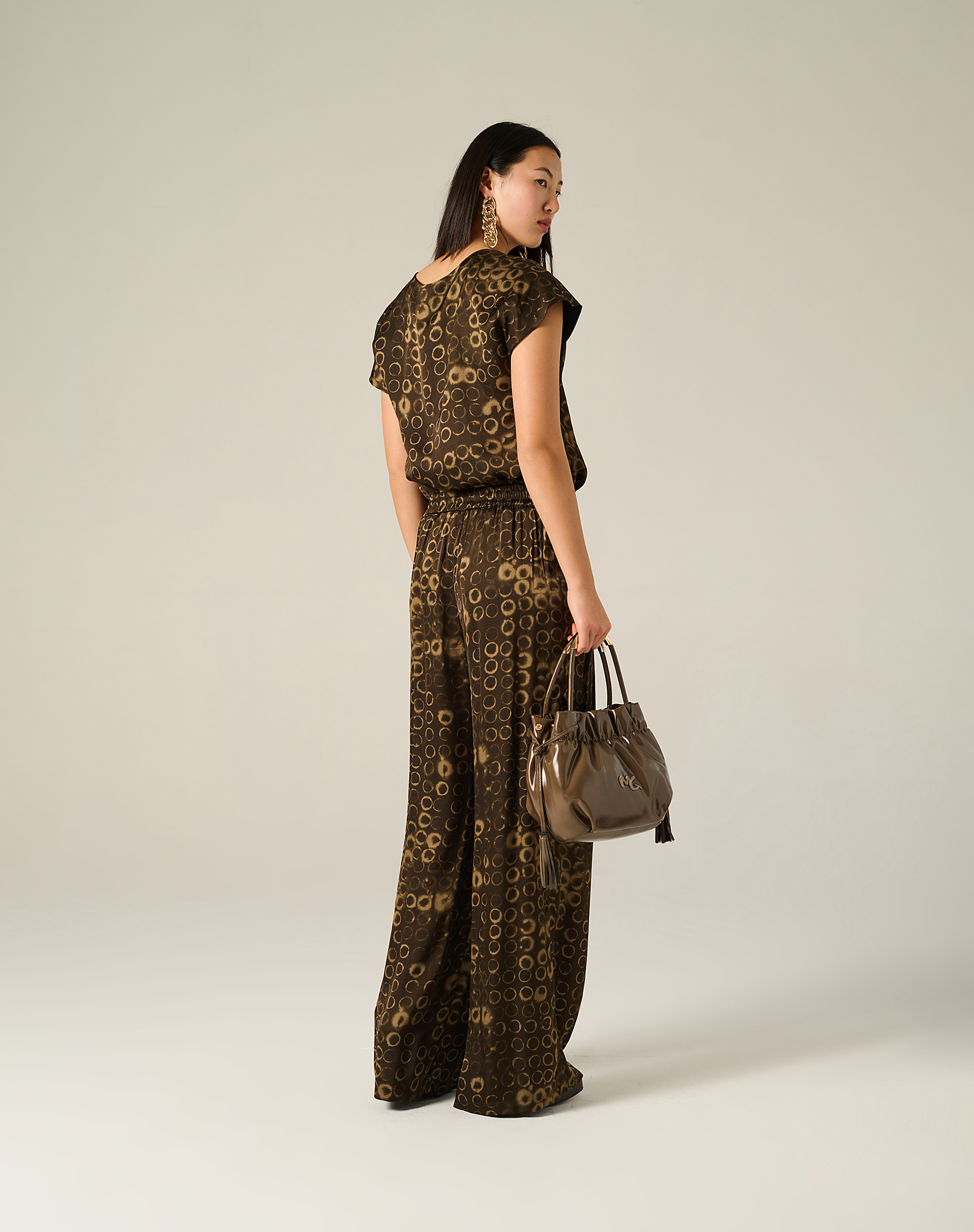 Palazzo Trousers With Circle Print - MILITARY GREEN - Manila Grace | Official Website
