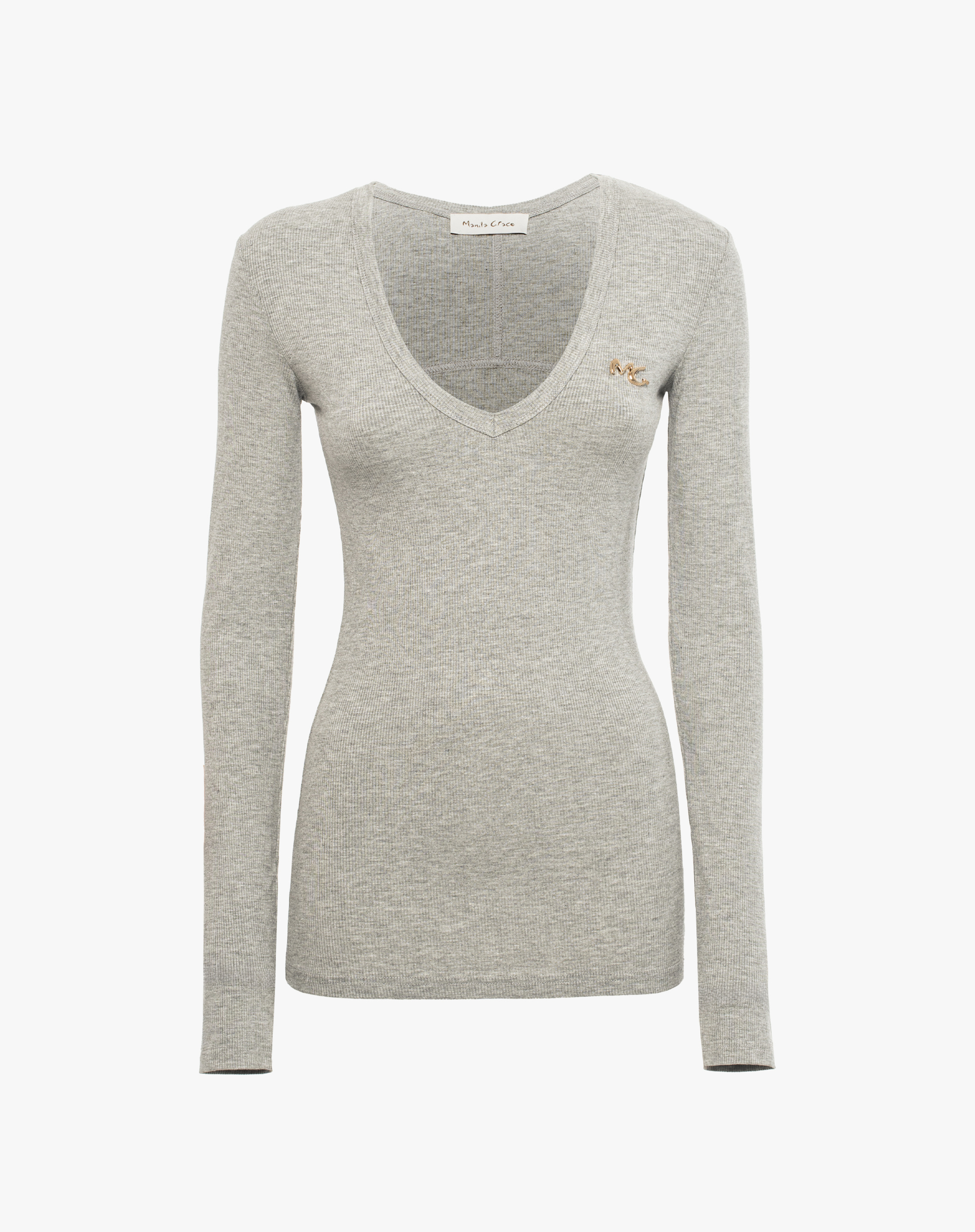 Ribbed V-Neck Sweater With Jewel Logo Detail - MA051 - Manila Grace | Official Website