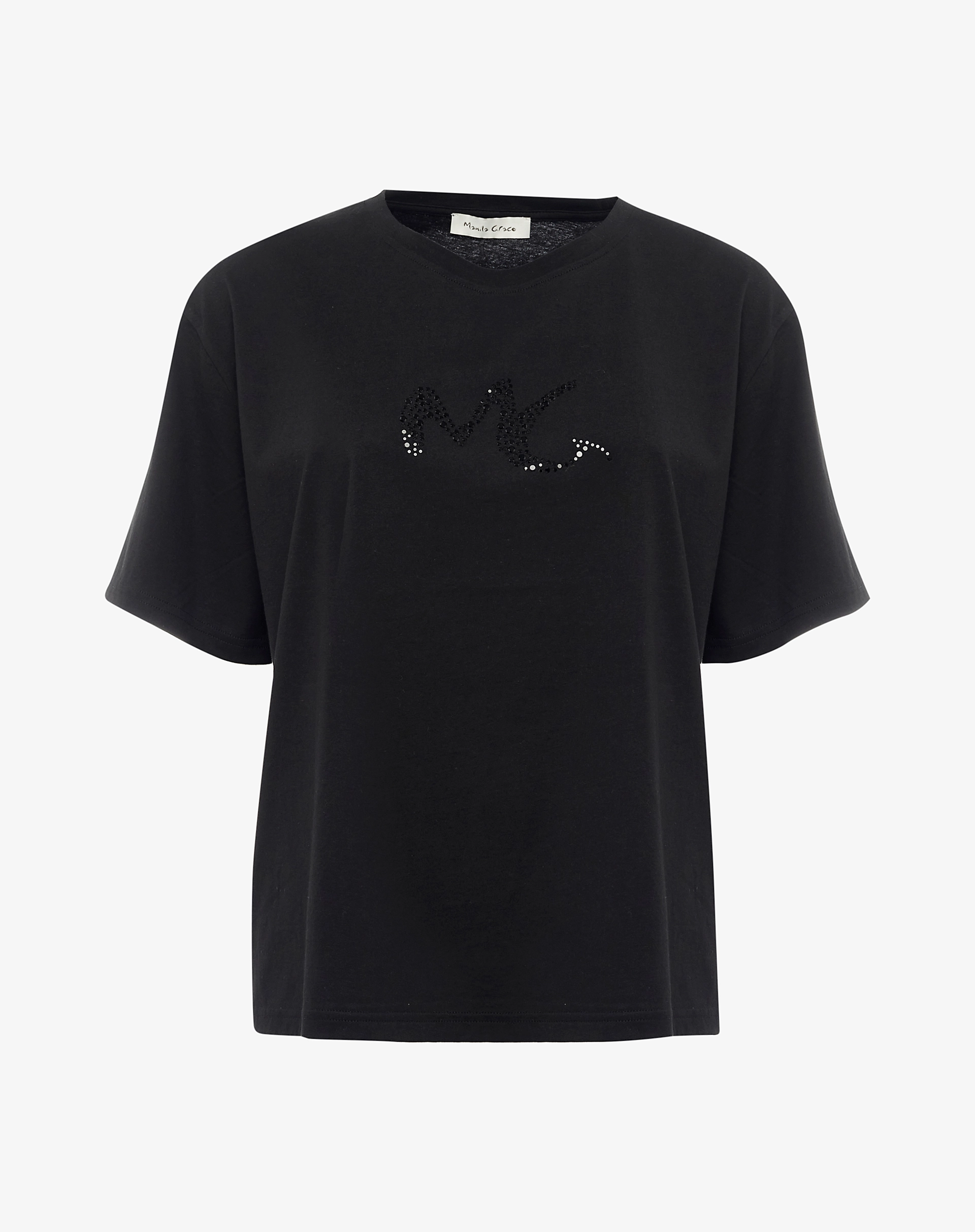 Black T-Shirt With Mg Logo In Rhinestones - T-SHIRTS - Manila Grace | Official Website