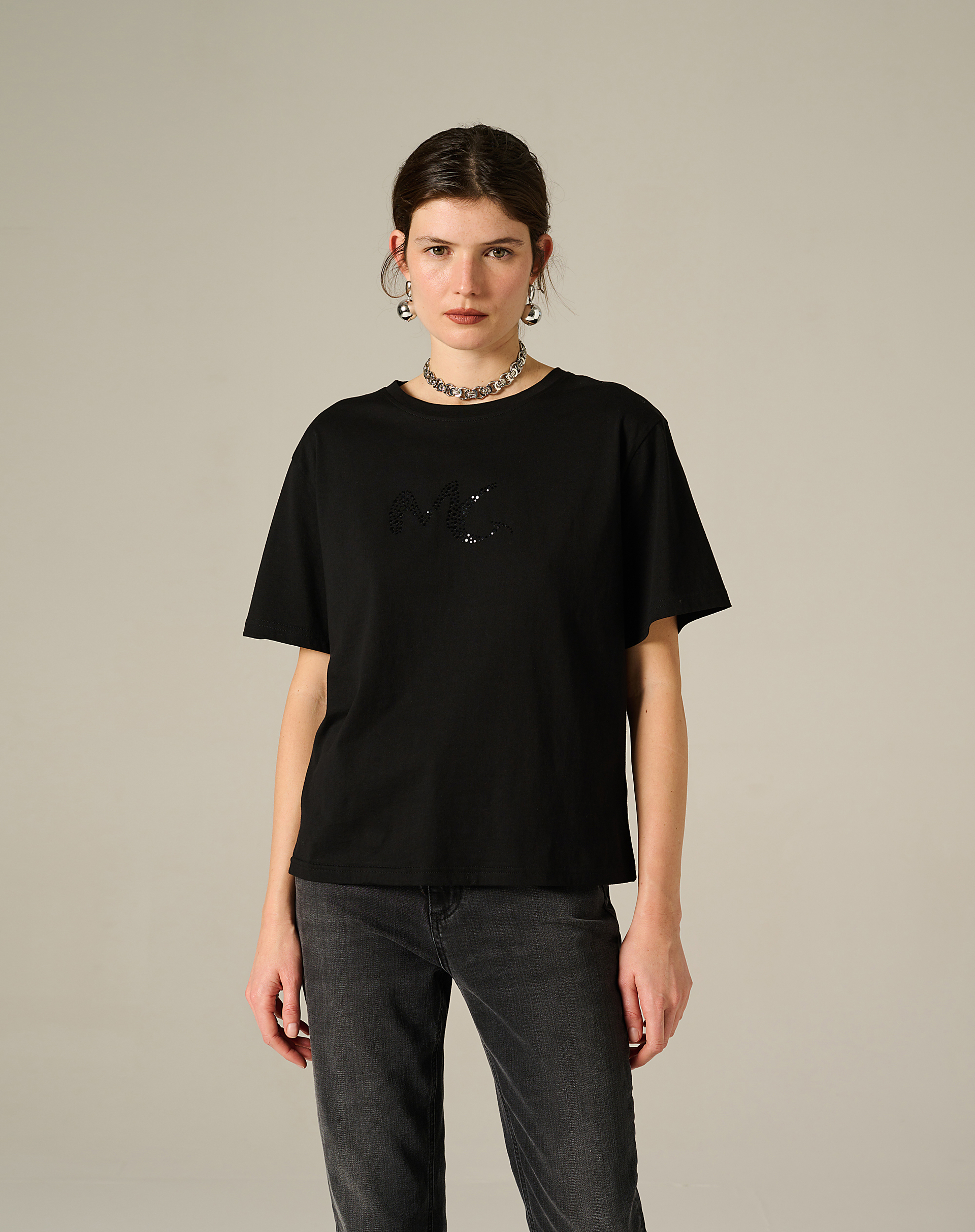 Black T-Shirt With Mg Logo In Rhinestones - BLACK - Manila Grace | Official Website