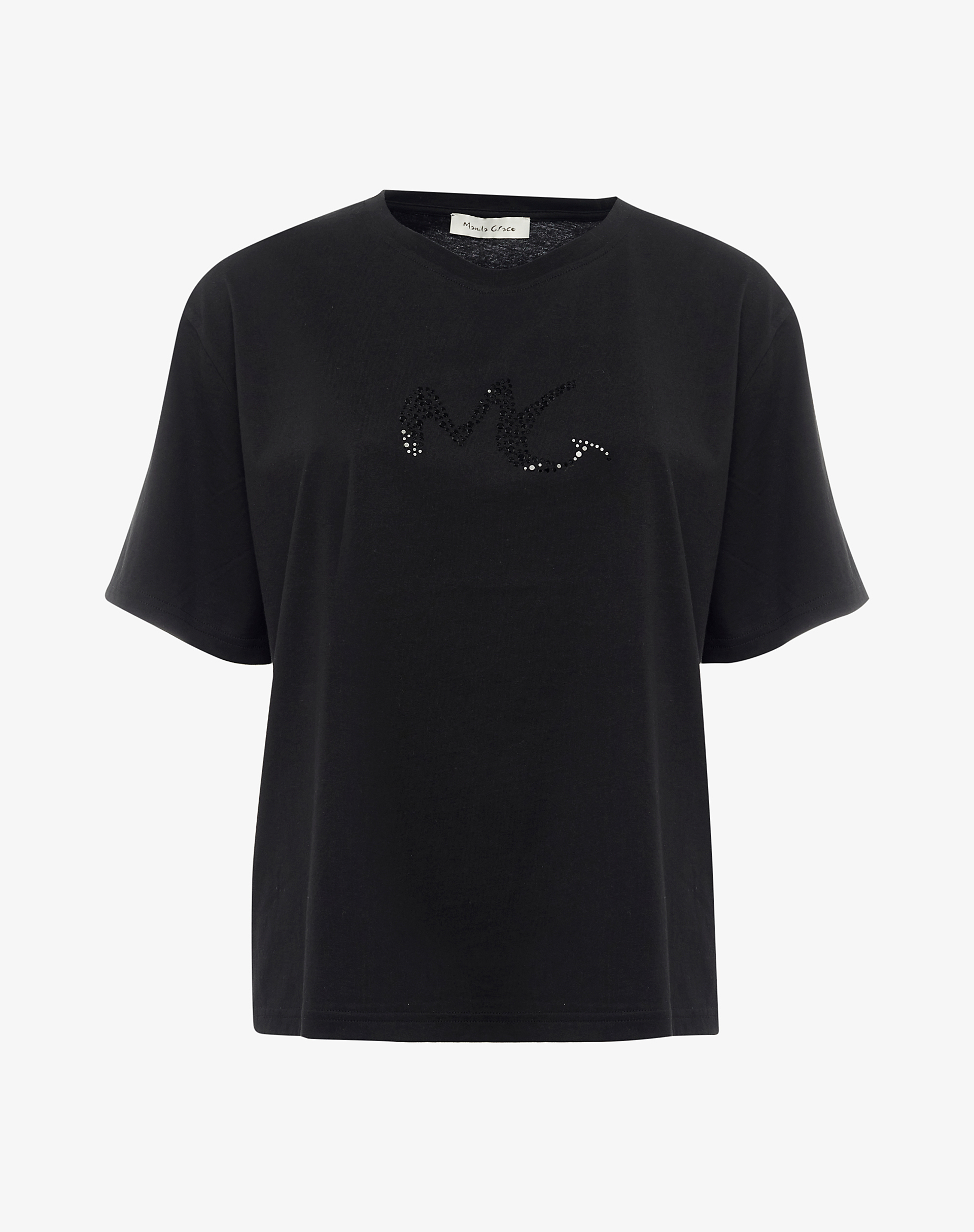 Black T-Shirt With Mg Logo In Rhinestones - BLACK - Manila Grace | Official Website