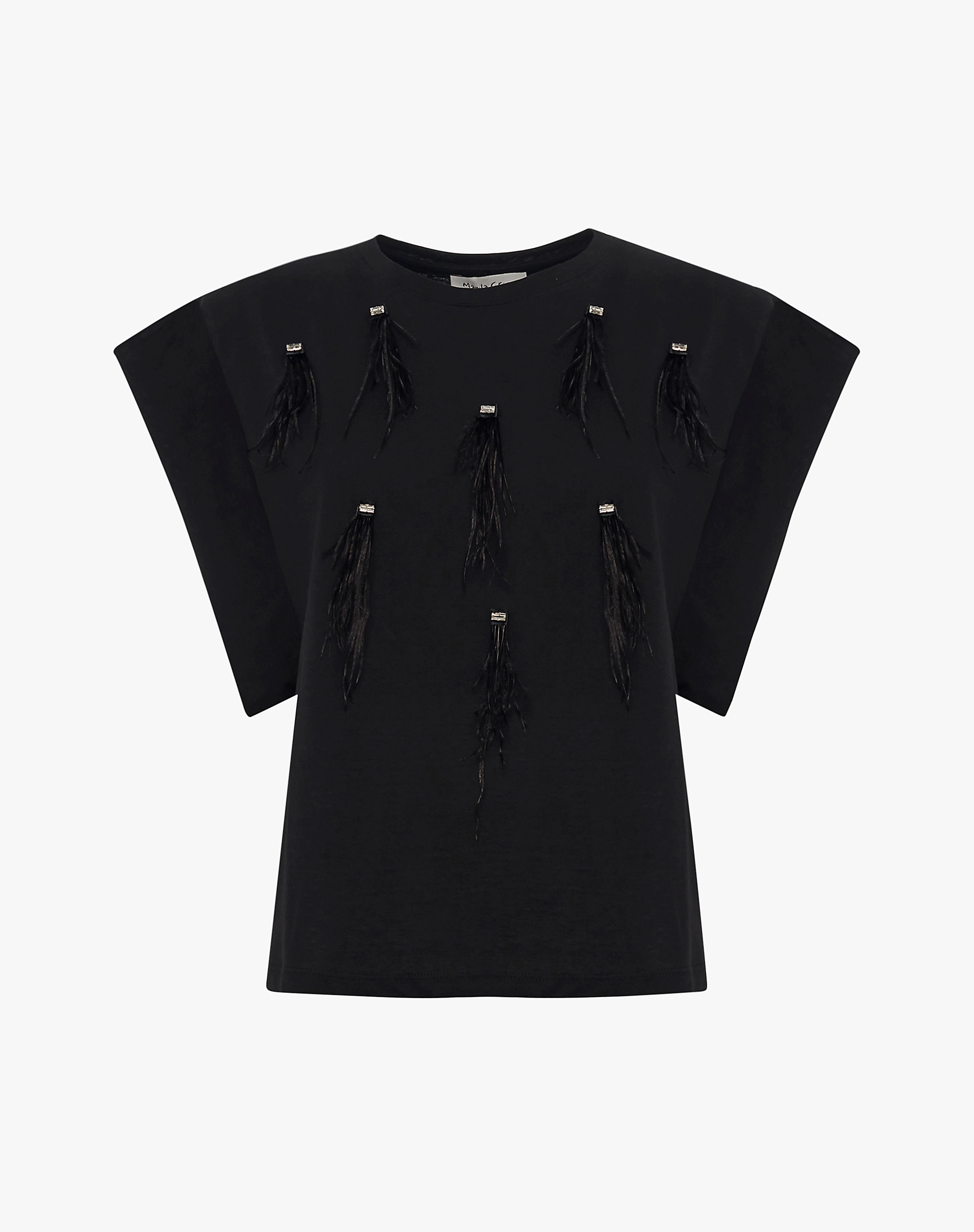 Black T-Shirt With Fringes And Rhinestones - T-SHIRTS - Manila Grace | Official Website