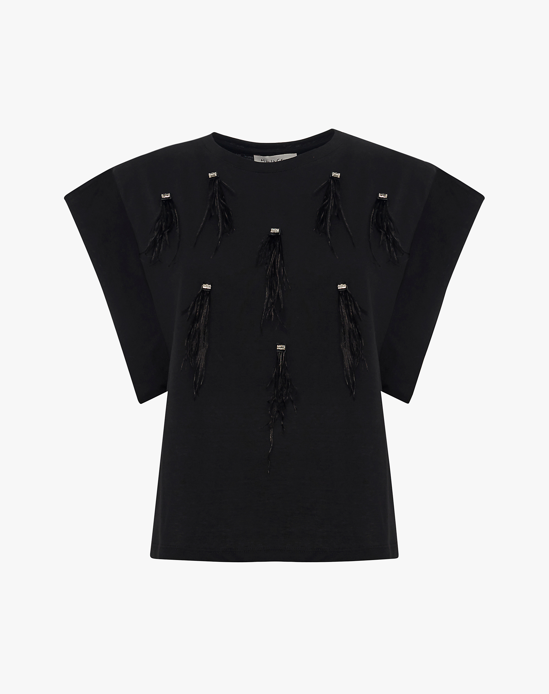 Black T-Shirt With Fringes And Rhinestones - BLACK - Manila Grace | Official Website