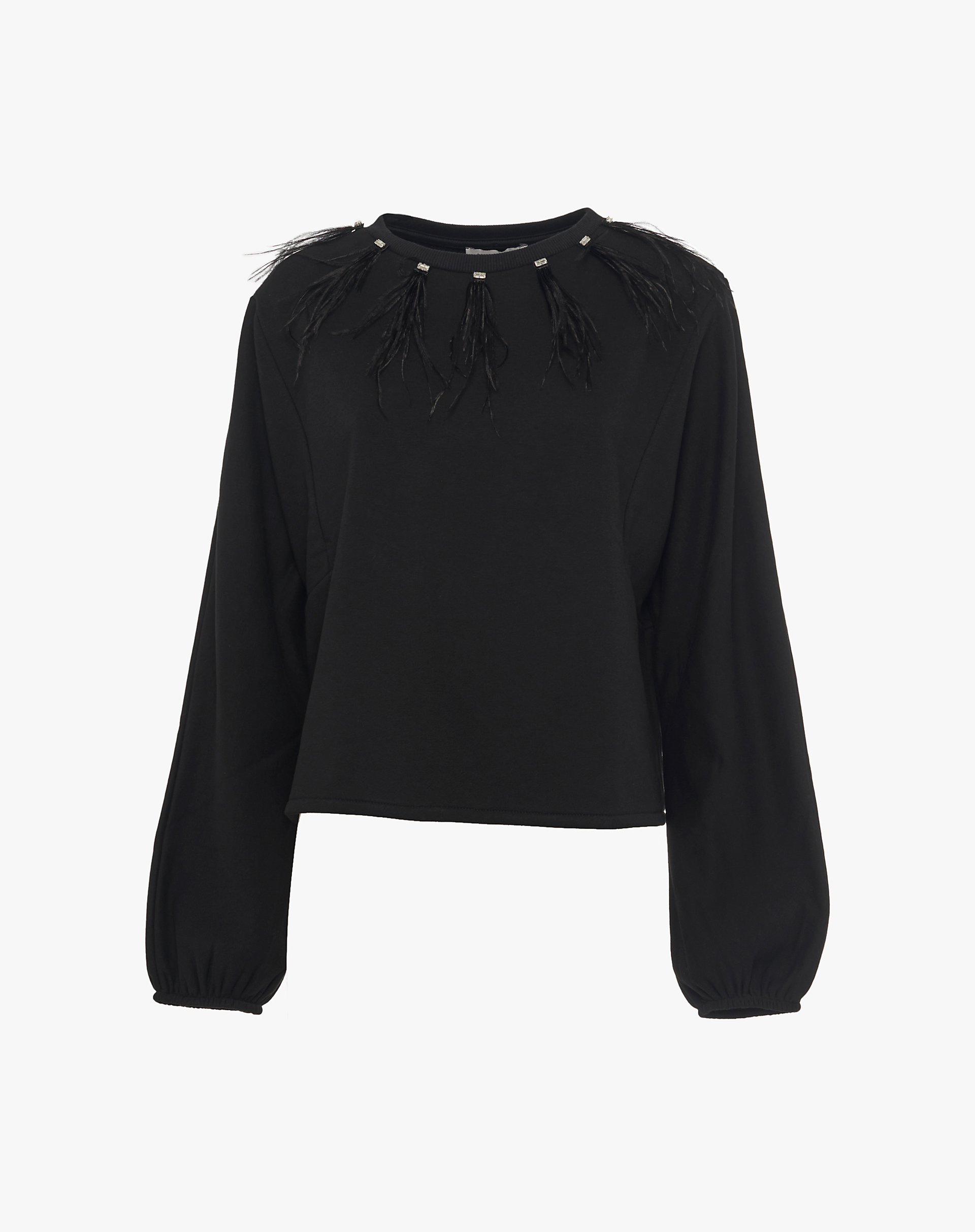 Sweatshirt With Decorative Feathers And Wide Sleeves - BLACK - Manila Grace | Official Website