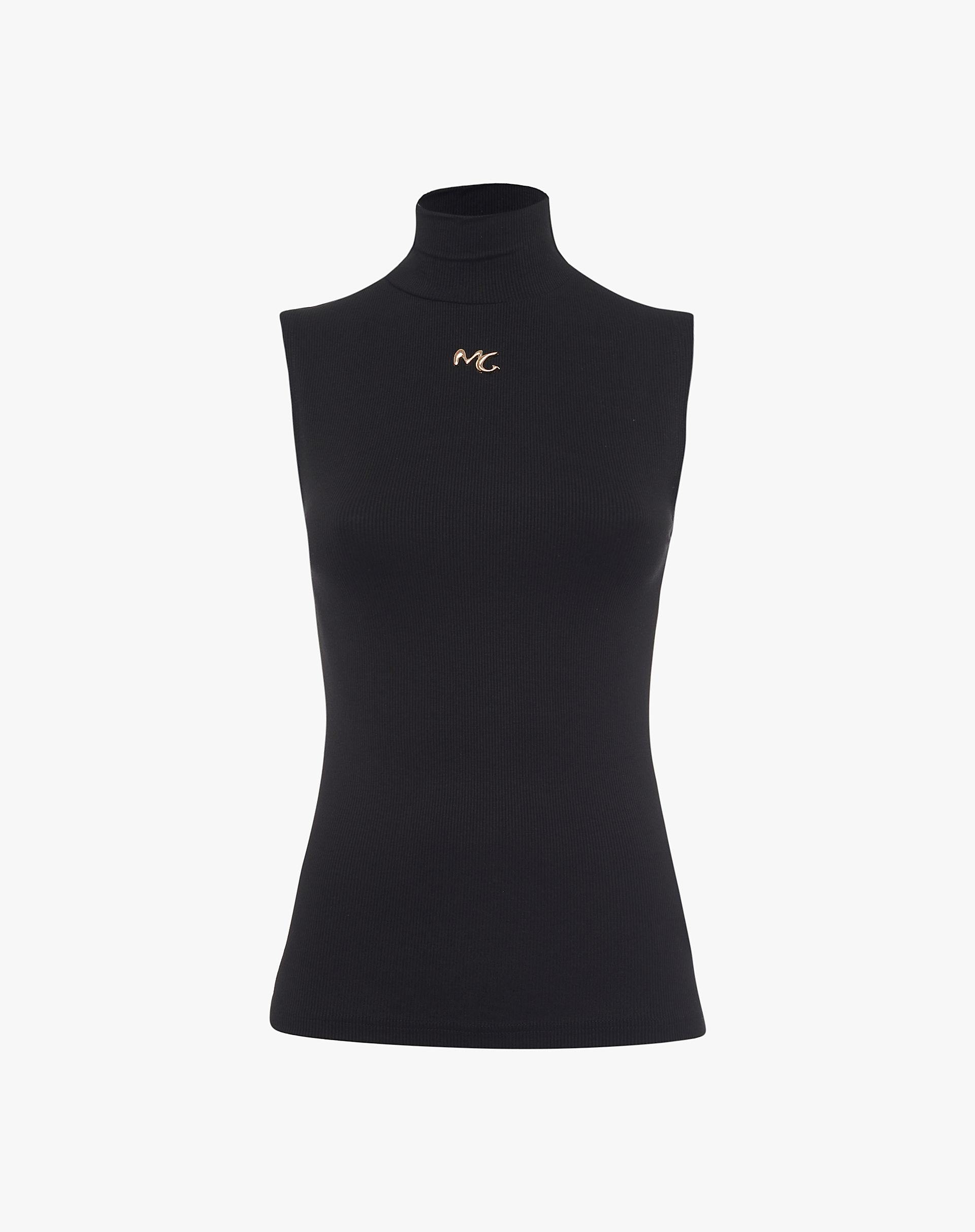 Sleeveless High-Neck Top With Gold Logo - BLACK - Manila Grace | Official Website