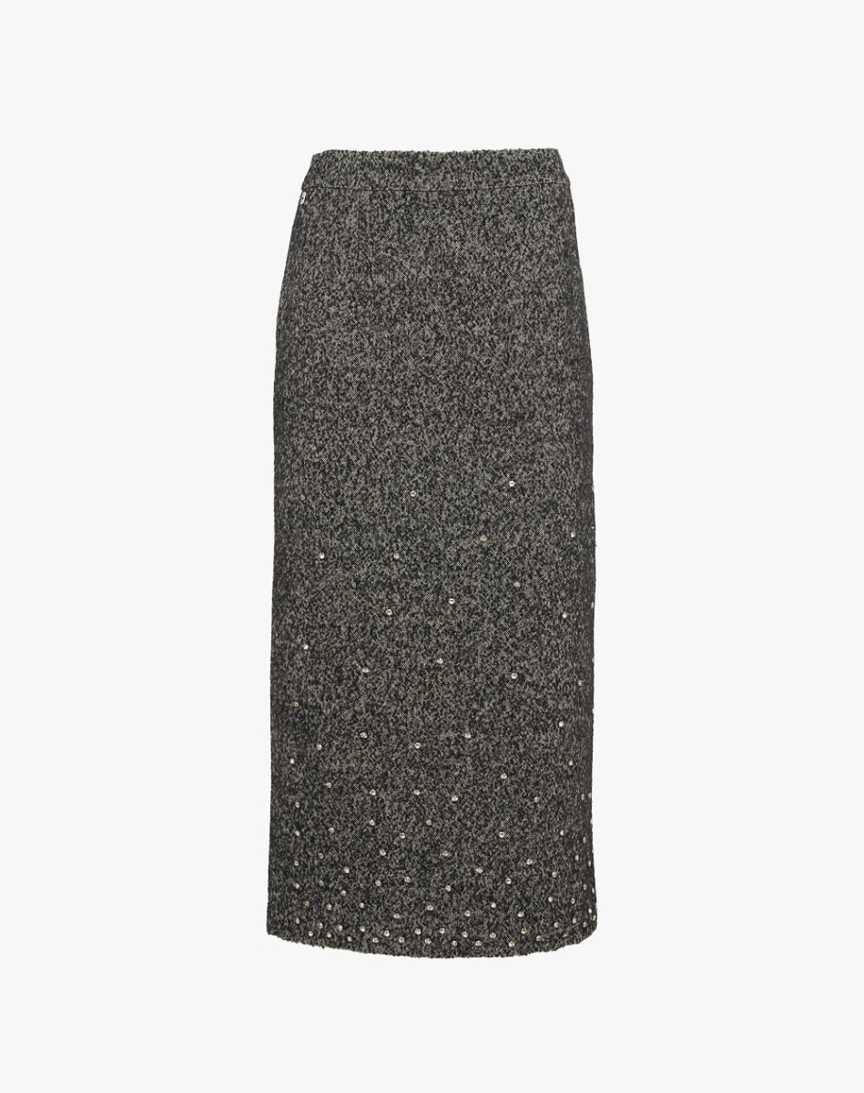 Tweed Pencil Skirt With Rhinestone Appliques - SKIRTS - Manila Grace | Official Website